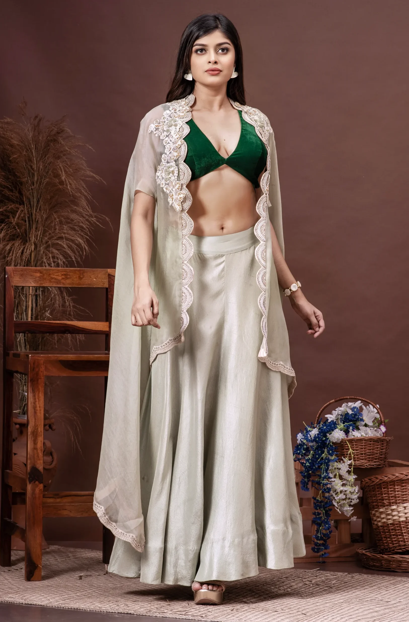 Mint green silk organza cape and velvet blouse from the House of Golden Muslin by Satya JB with a scalloped hem.