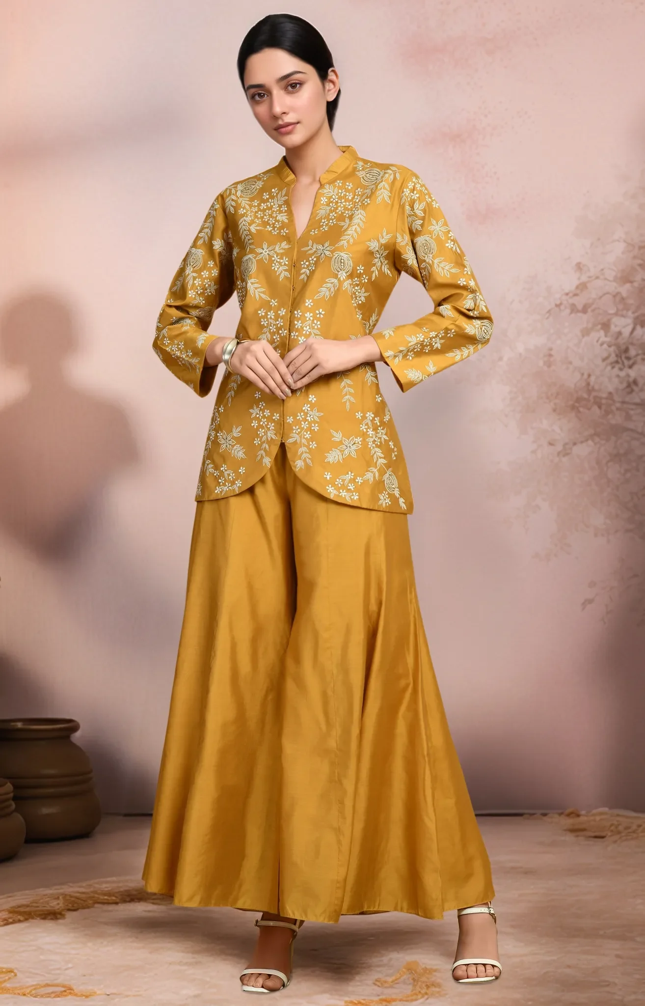 Mustard yellow Chanderi jacket sharara set with embroidered jacket-style kurta and matching sharara, designed for weddings and festive celebrations, Golden Muslin by Jhambthreads.