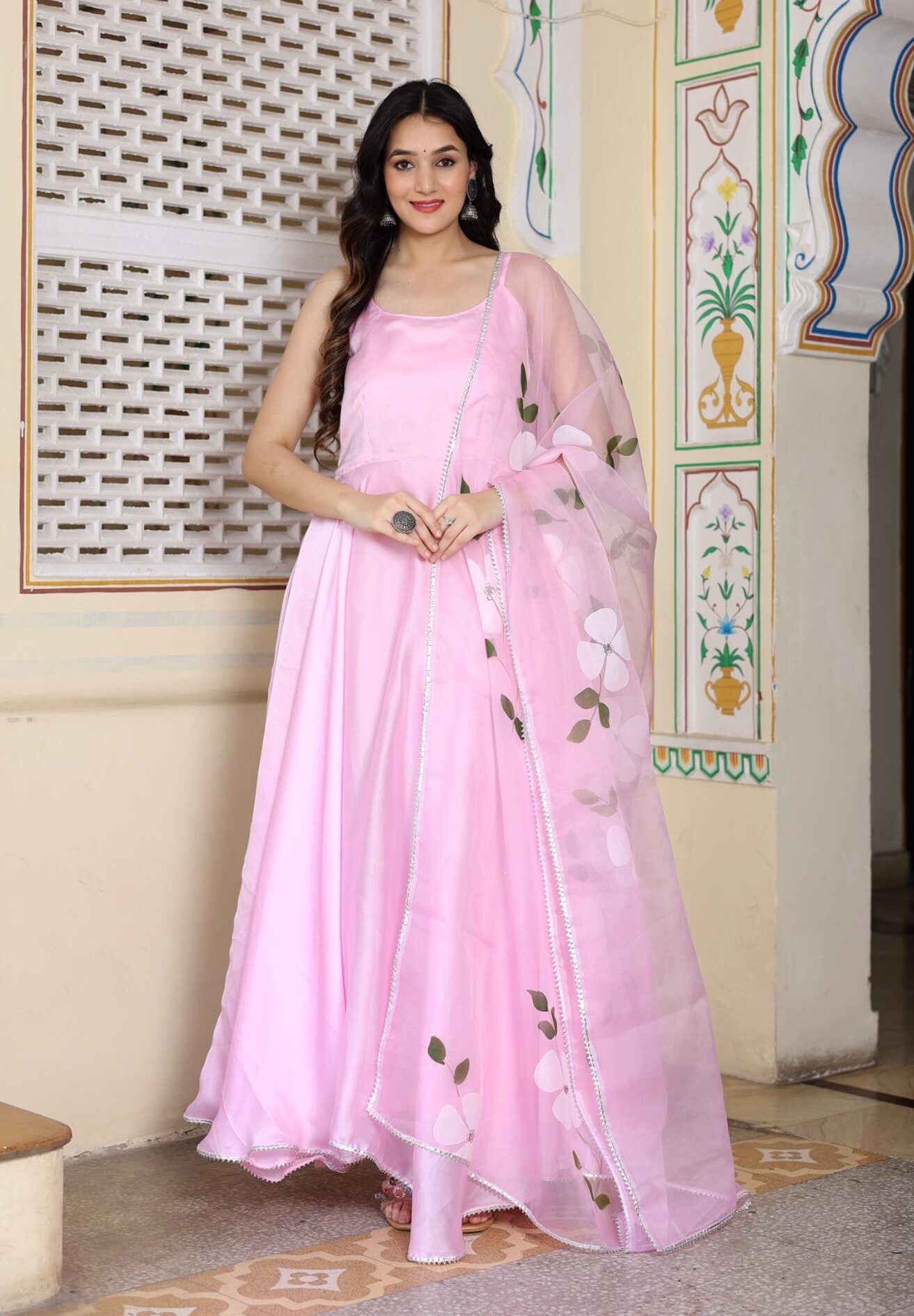 Pink satin silk floor-length anarkali set in Golden Muslin by Priyanka Rathore with hand-painted organza dupatta