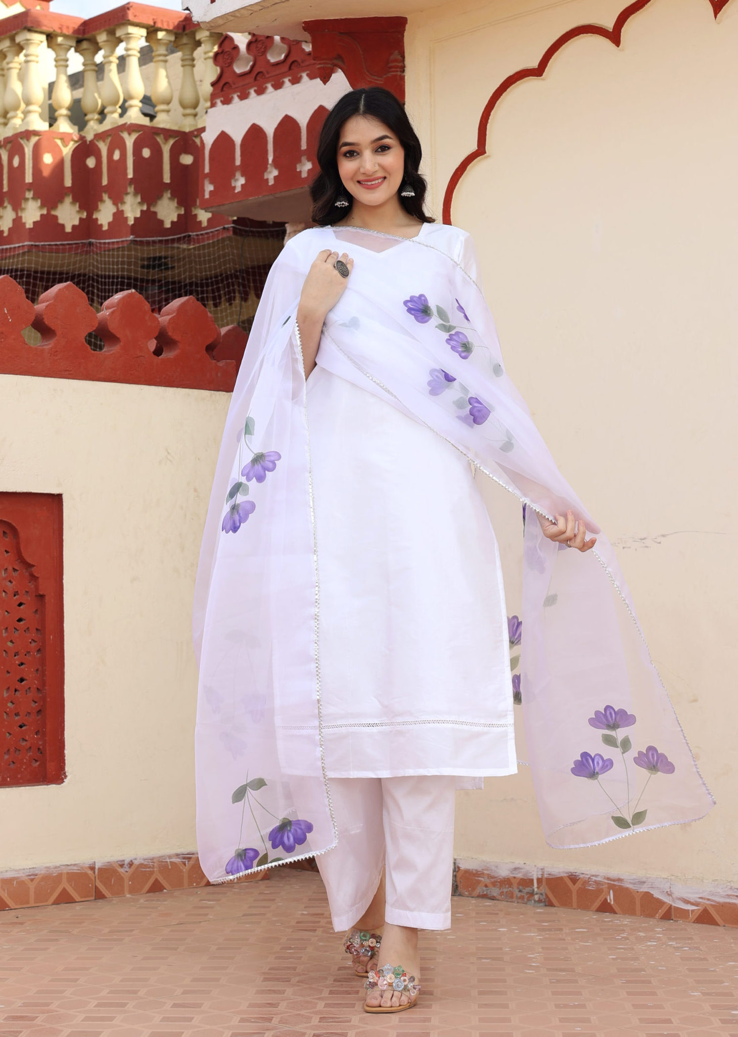 White hand-painted kurta set in Golden Muslin by Priyanka Rathore with organza dupatta