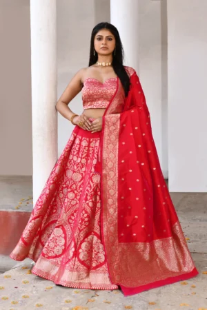 Deep red 21 kalli Banarasi lehenga with gold zari border and embroidery from Golden Muslin by Naaritva Banaras for bridal elegance