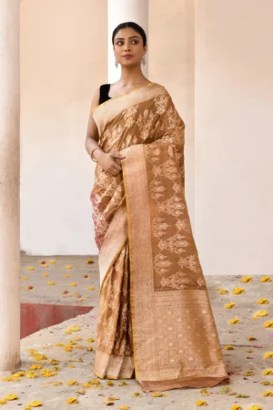 Caramel beige pure Banarasi katan silk saree handwoven with gold and sona zari jaal from Golden Muslin by Naaritva Banaras