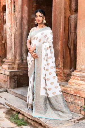 Off-white premium silk saree with silver zari butas from Golden Muslin by Naaritva Banaras