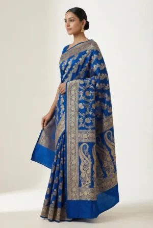 Royal blue Mashroo silk saree handwoven in Varanasi from Golden Muslin by Naaritva Banaras showcasing classic Banarasi craftsmanship