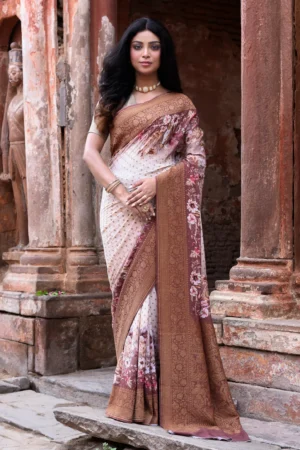 Ivory Pure Banarasi Crepe Chiffon Silk Saree with Antique Gold Zari from Golden Muslin By Naaritva Banaras