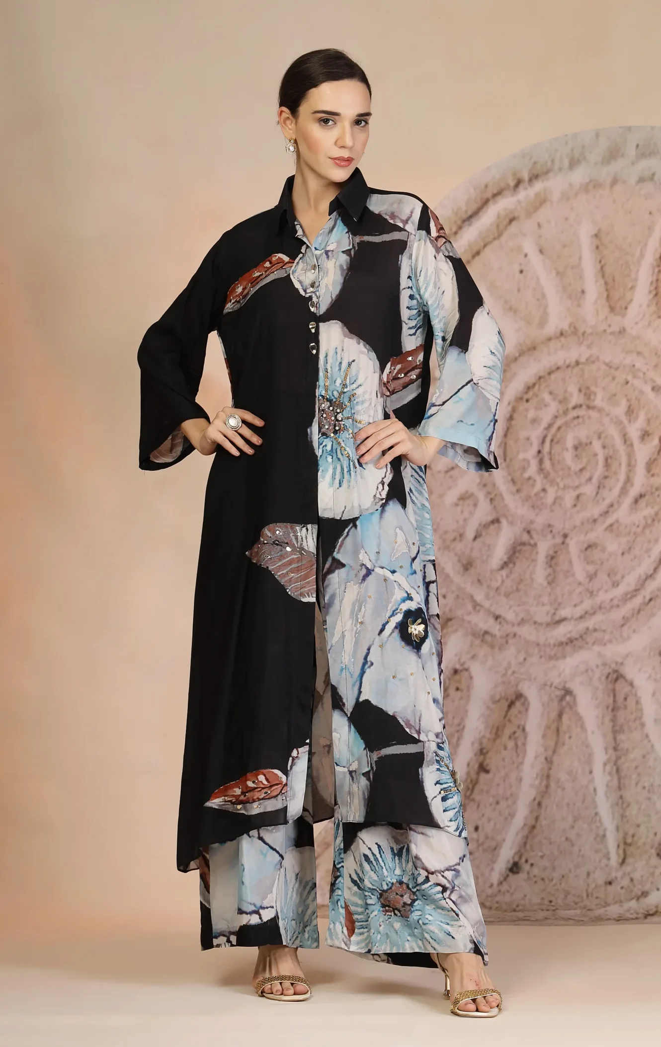Charcoal black muslin silk kurta set with coral print and palazzo pants from Golden Muslin By Soniya G