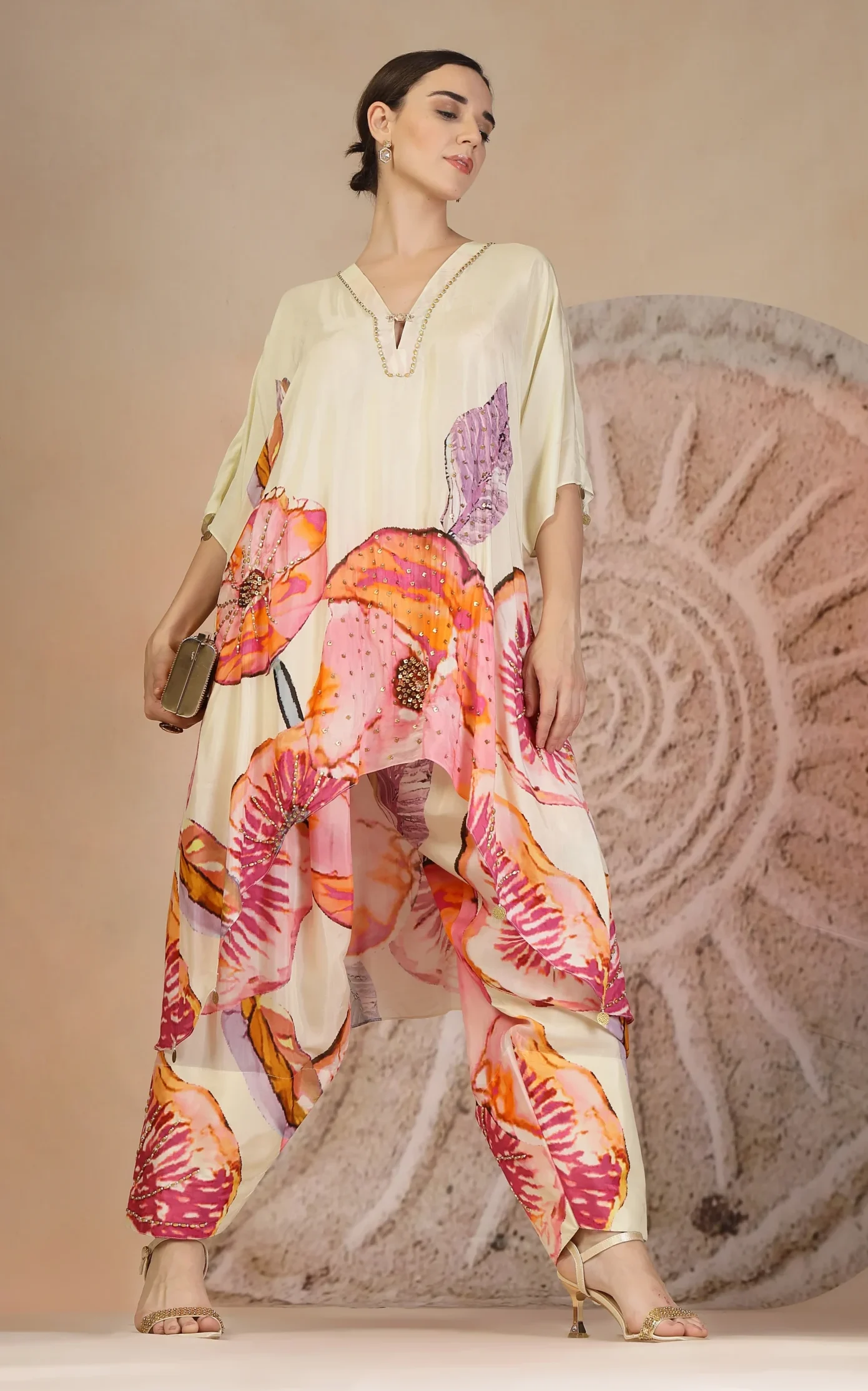 Ivory coral print muslin silk kurta set with farzi salwar from Golden Muslin By Soniya G