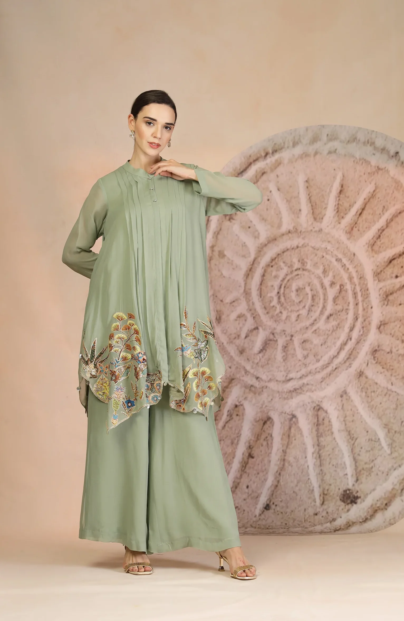 Pista green muslin silk Indo-Western kurta set with palazzo pants from Golden Muslin By Soniya G