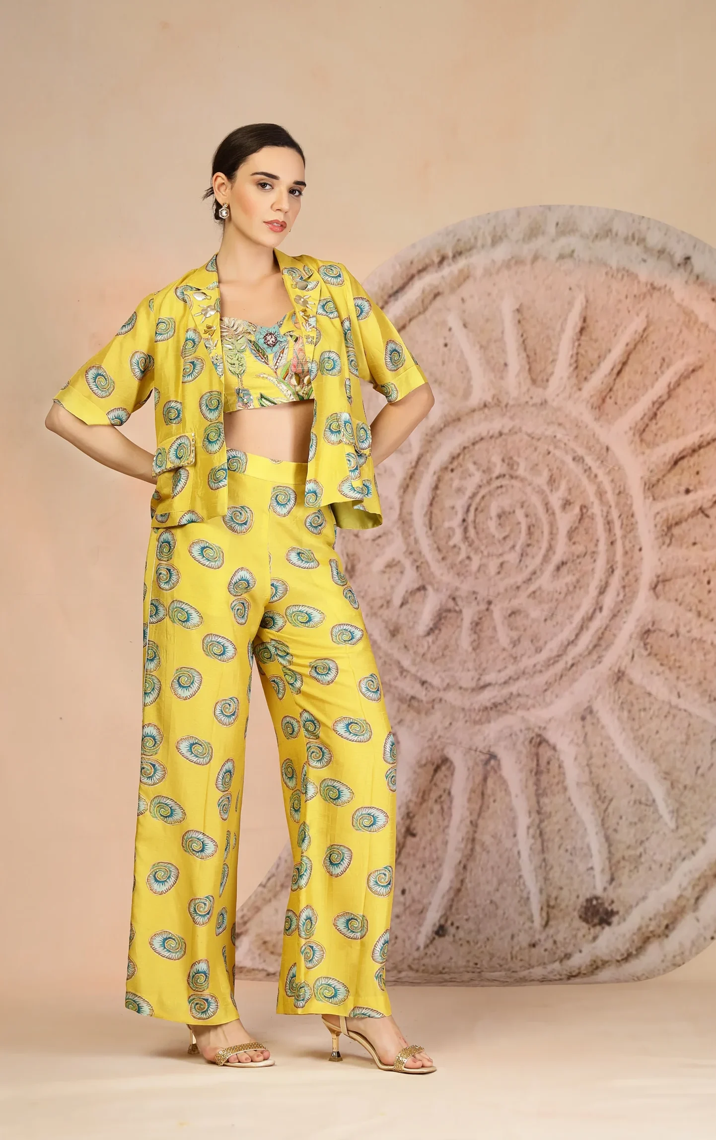 Bright yellow muslin silk three-piece co-ord set with embroidered bustier and jacket from Golden Muslin By Soniya G