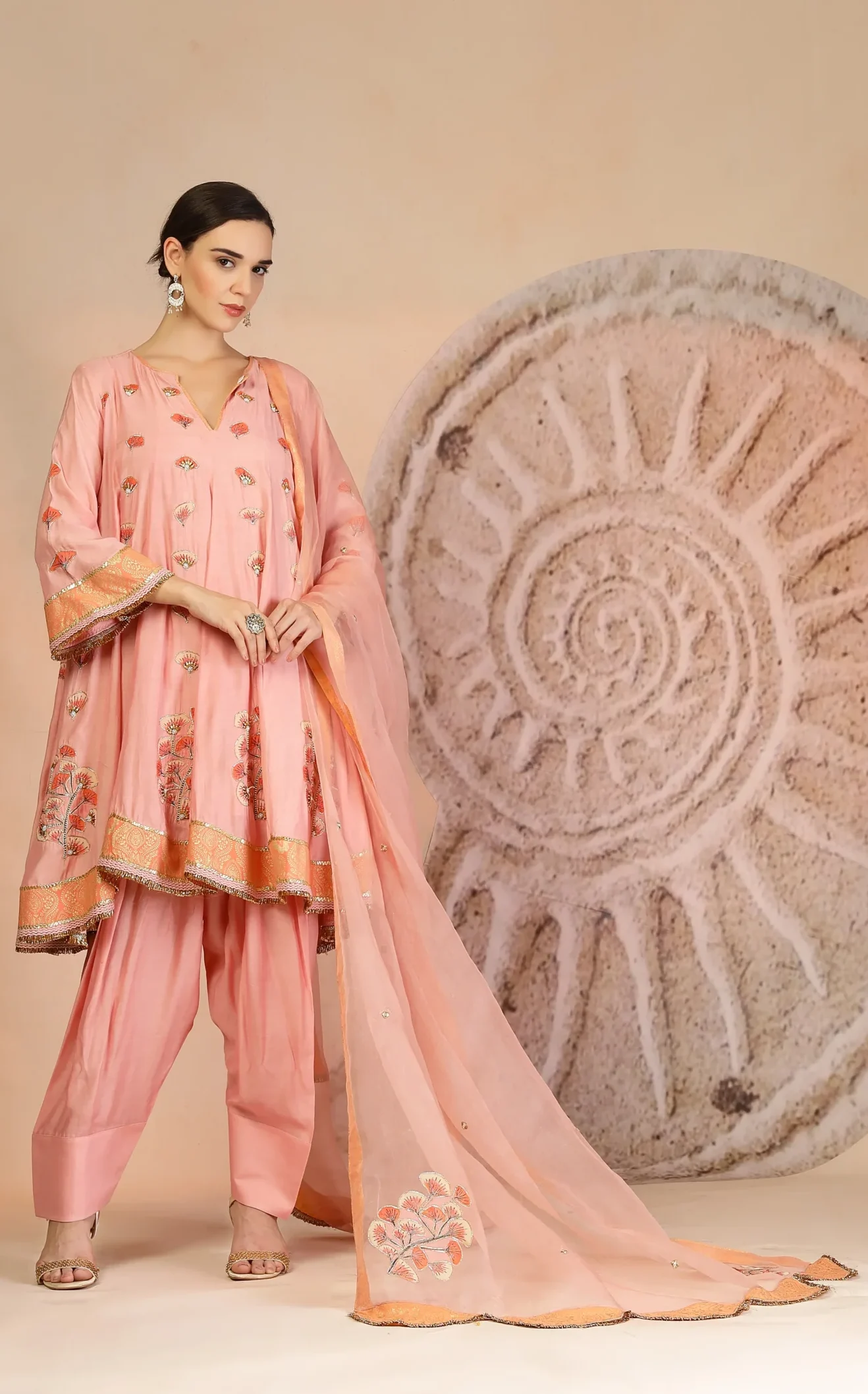Powder Pink Muslin Kurta with Farsi Salwar and Organza Dupatta from Golden Muslin By Soniya G