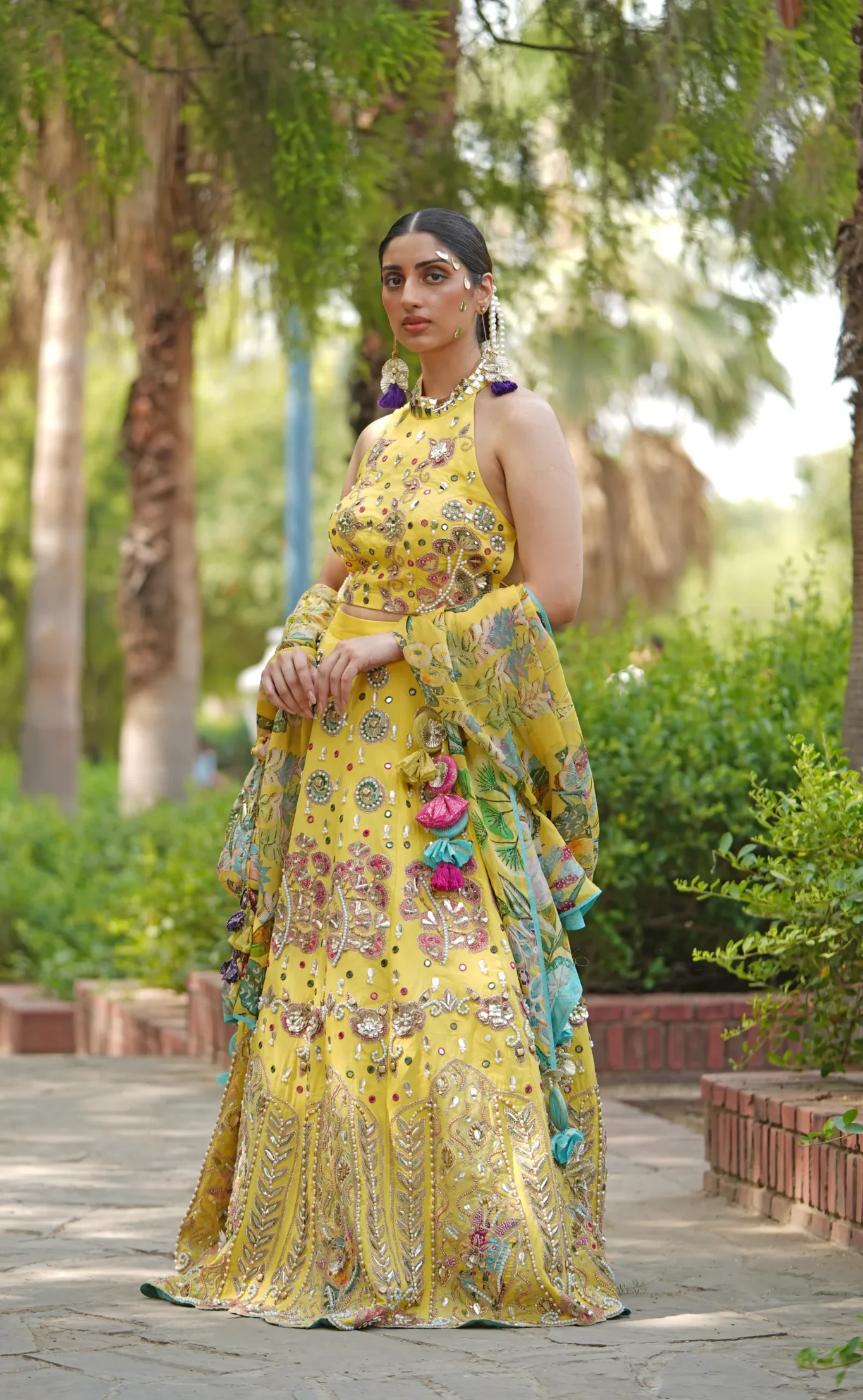 Sunflower Yellow Embroidered Lehenga Drape with Dupatta and Potli from Golden Muslin By Soniya G