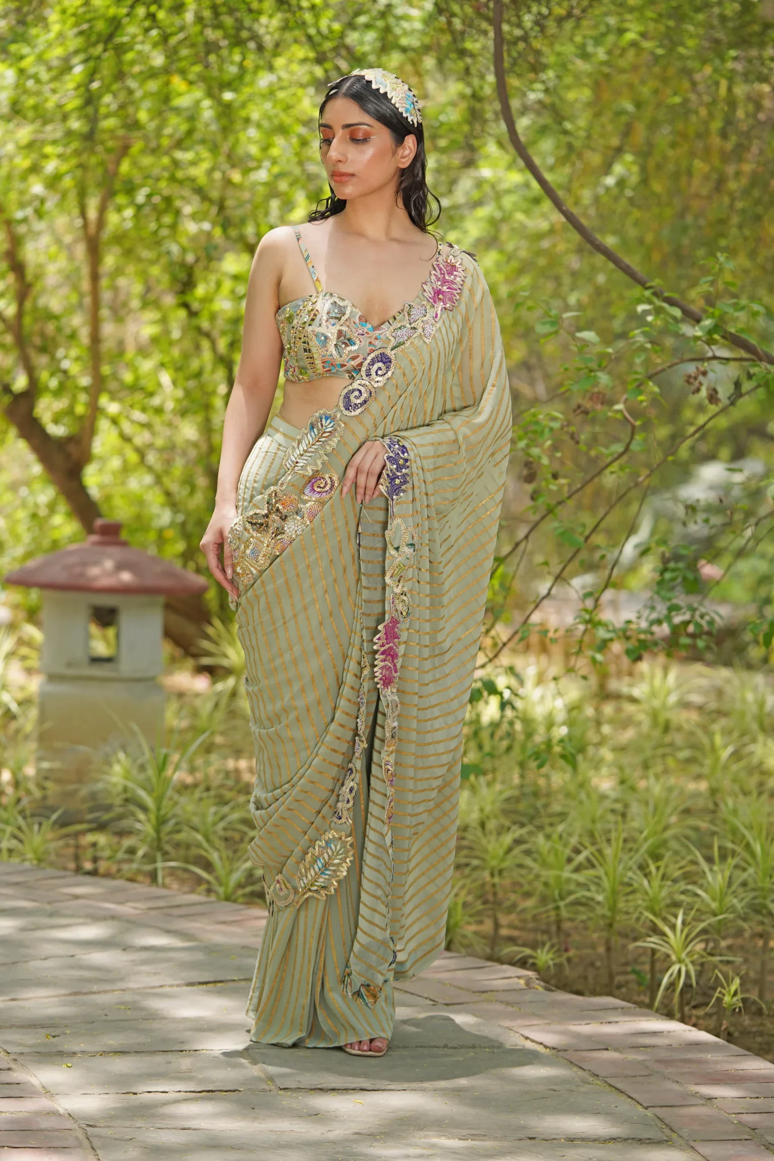 Sage green embroidered saree with blouse from Golden Muslin By Soniya G
