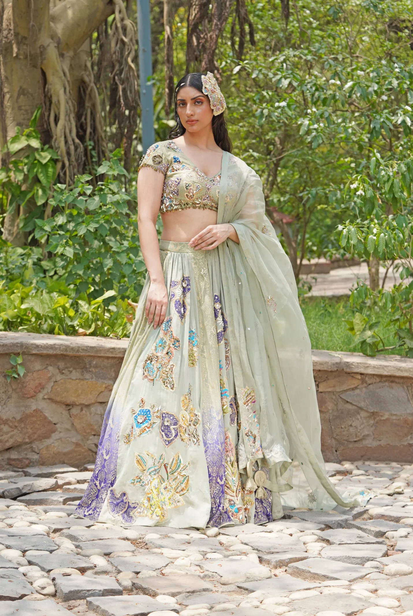 Ice Pastel Blue Embroidered Lehenga Set from Golden Muslin By Soniya G