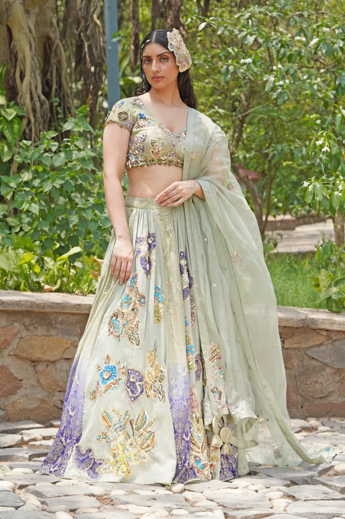 Ice Pastel Blue Embroidered Lehenga Set from Golden Muslin By Soniya G