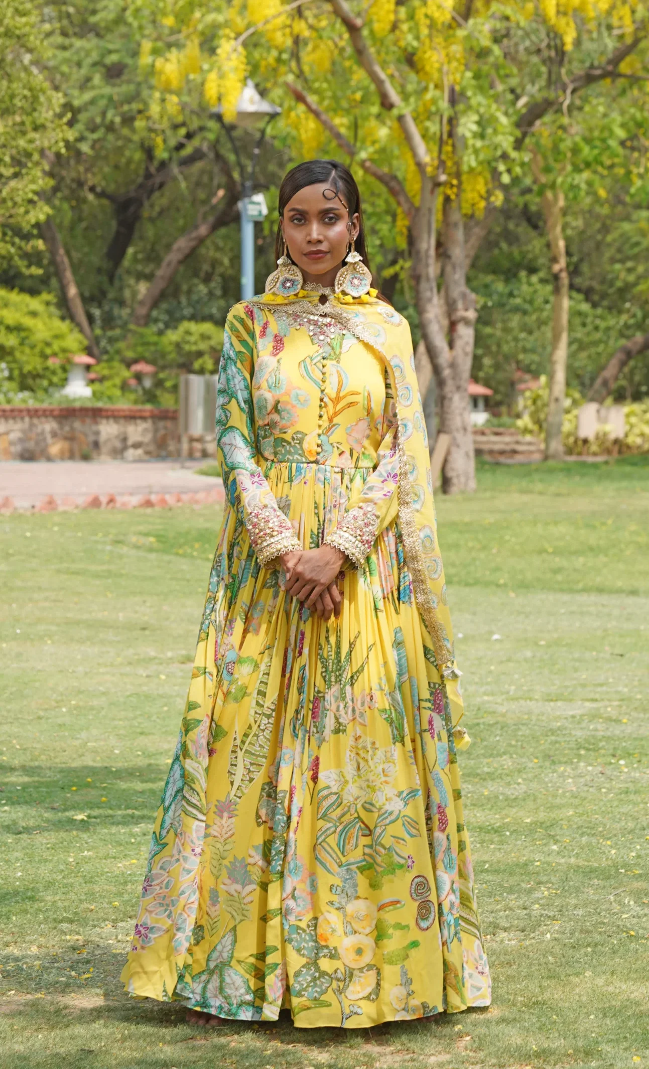 Yellow full-length printed Anarkali gown with dupatta from Golden Muslin By Soniya G