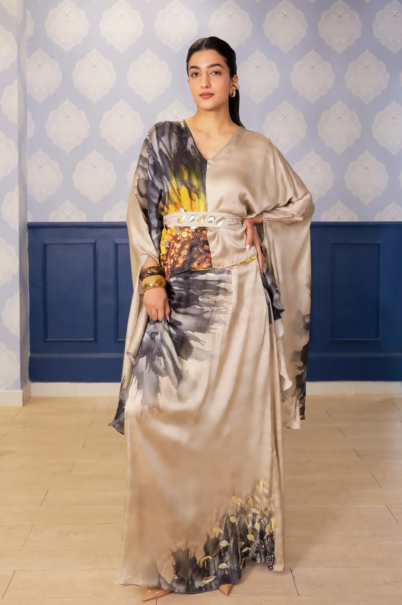 Beige sunflower print satin skirt co-ord set from Golden Muslin By Soniya G