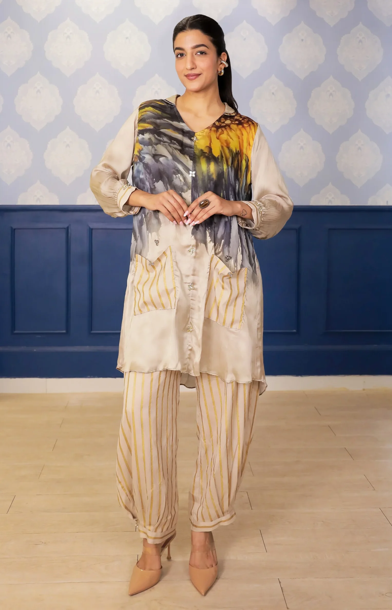 Beige sunflower print satin co-ord skirt set with kimono sleeves from Golden Muslin By Soniya G