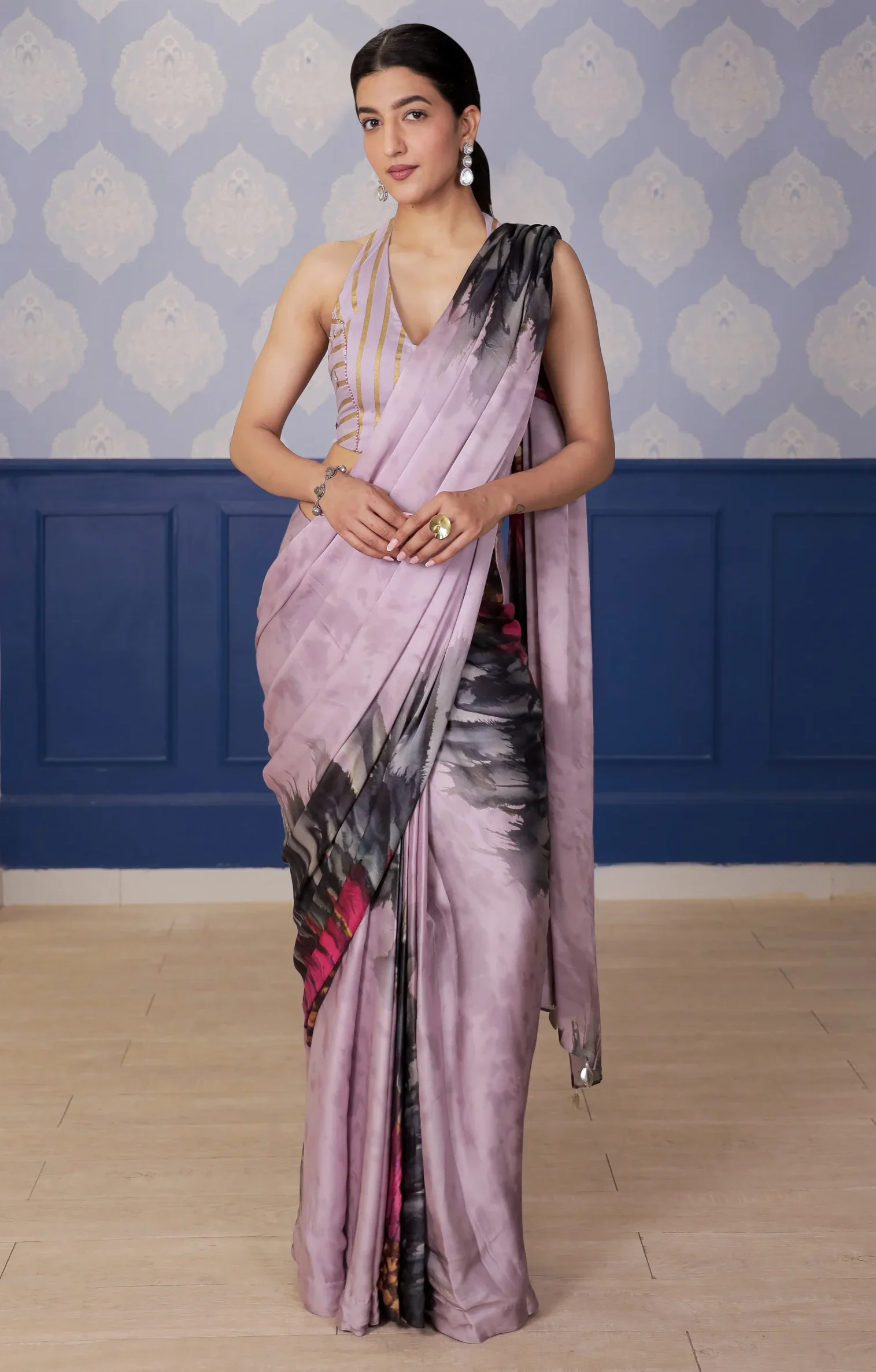 Sunflower printed satin saree with lilac Chanderi blouse from Golden Muslin By Soniya G