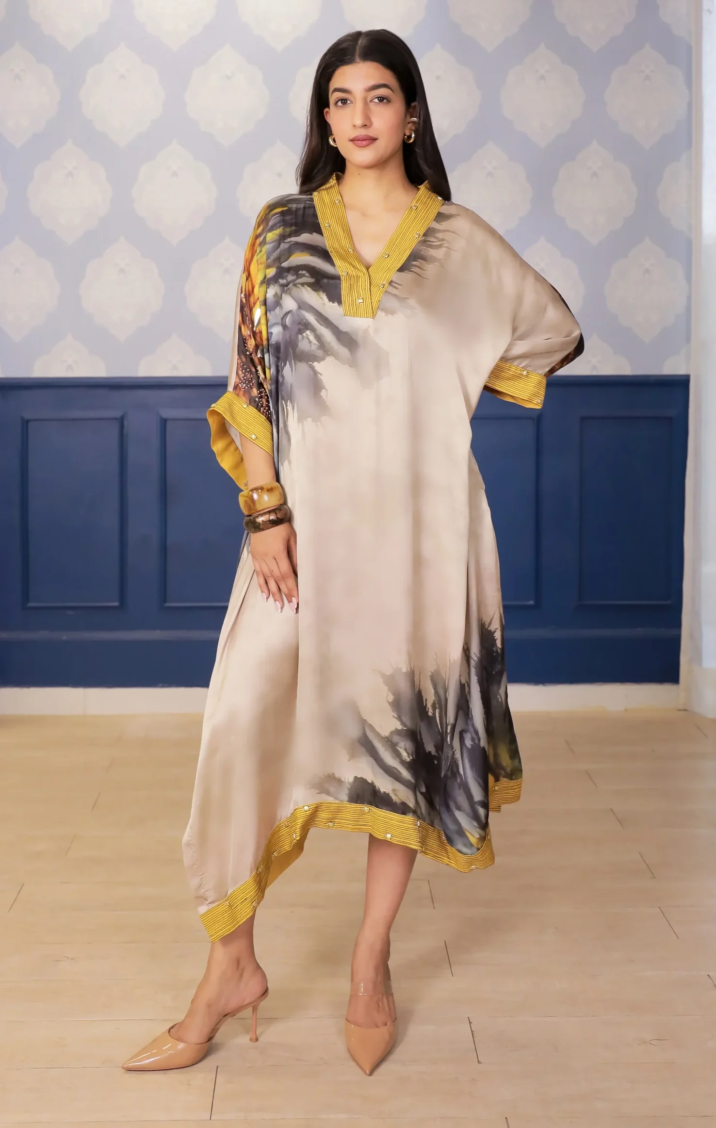 Asymmetric beige printed satin dress with yellow accents from Golden Muslin By Soniya G