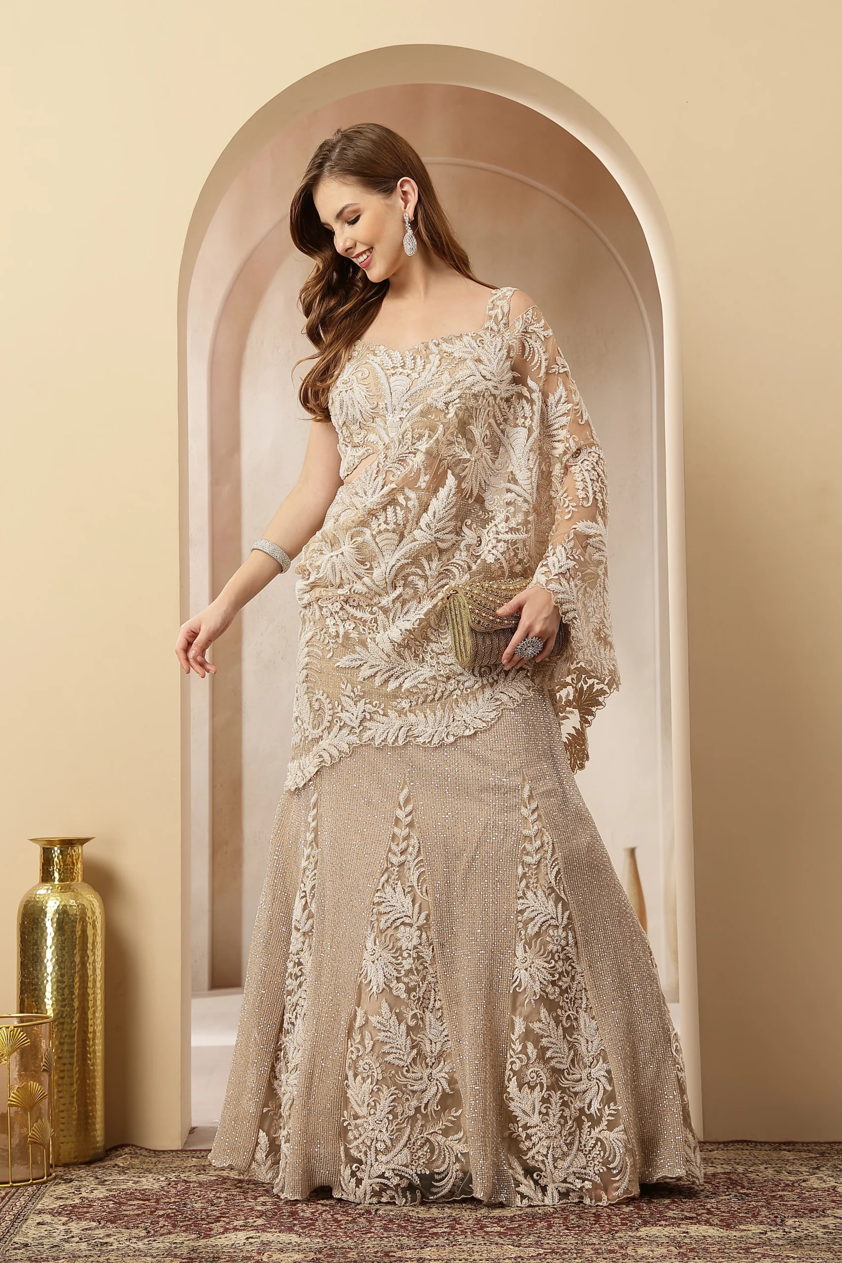 Golden pre draped saree gown with corset blouse from Golden Muslin By Soniya G