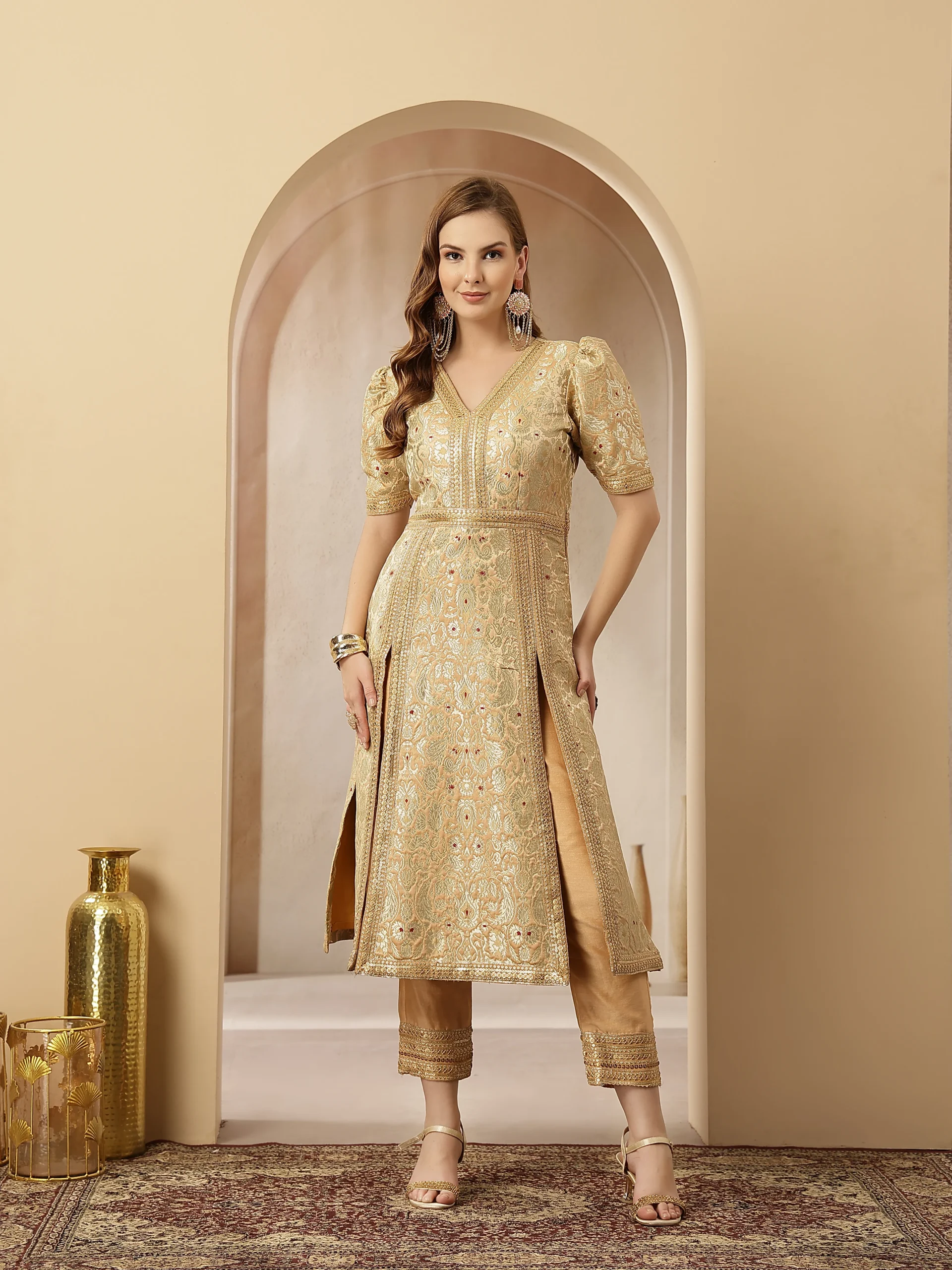 Champagne gold silk embroidered kurta set from Golden Muslin By Soniya G