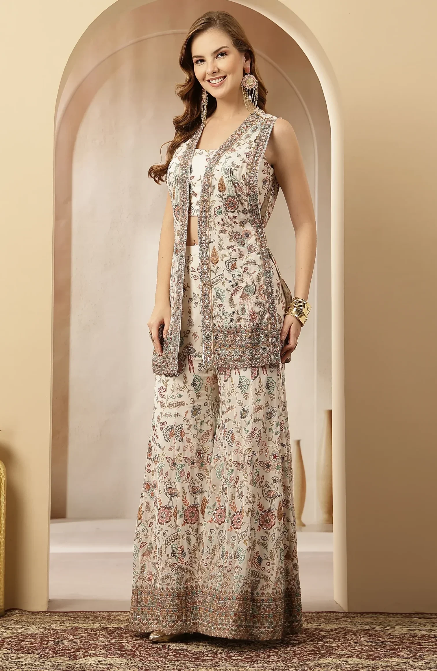 Ivory satin silk floral co-ord set with cropped square-neck blouse and palazzo pants from Golden Muslin By Soniya G