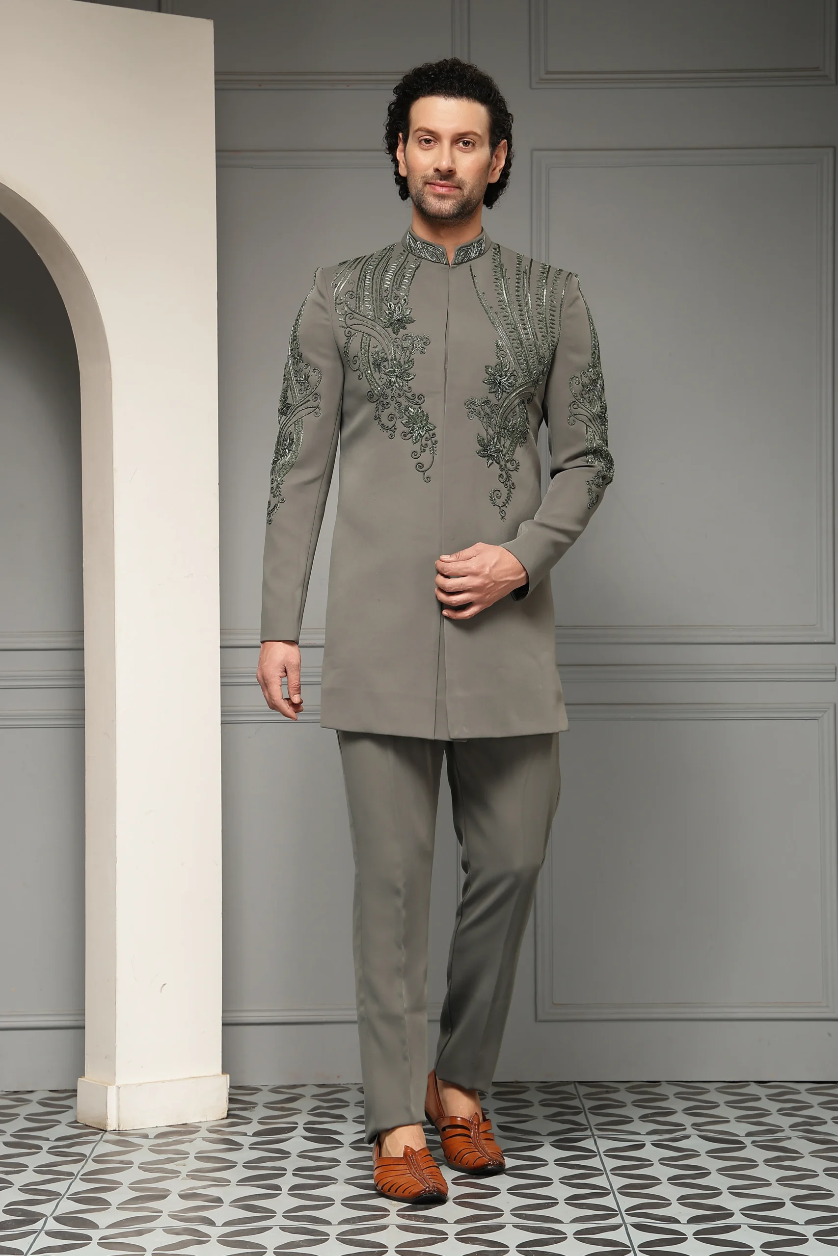 Ash grey embroidered bandhgala set in premium suiting fabric from Golden Muslin By Soniya G