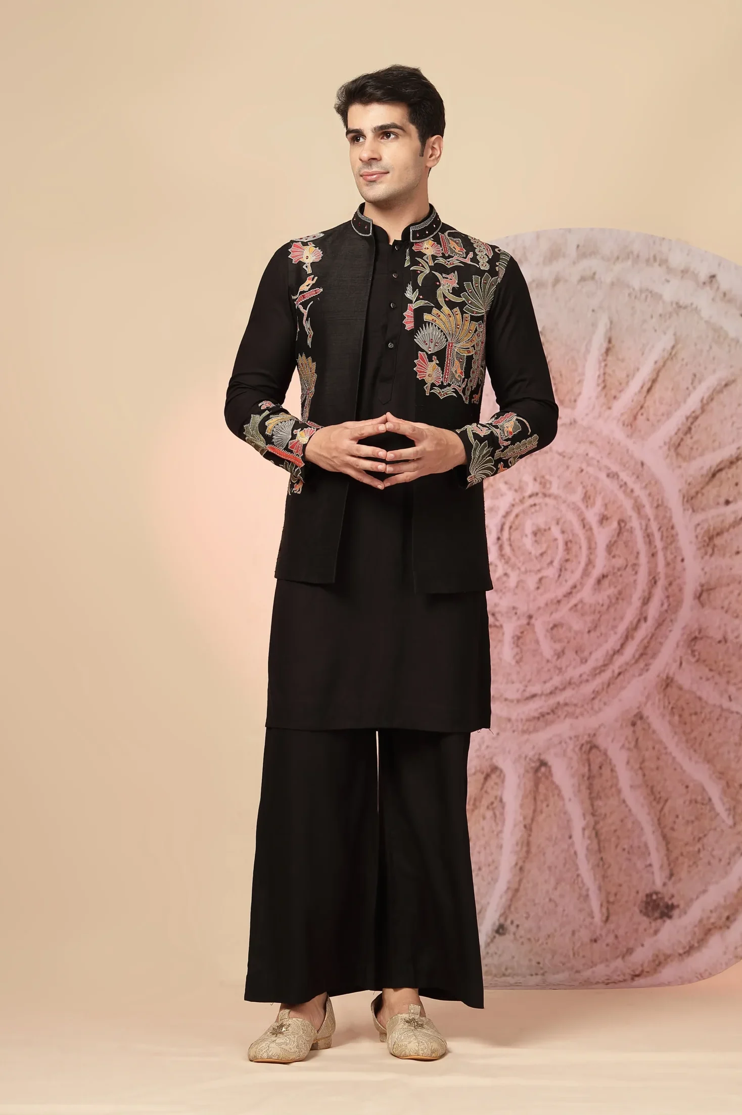 Black Indo Western kurta set with embroidered Nehru jacket from Golden Muslin By Soniya G