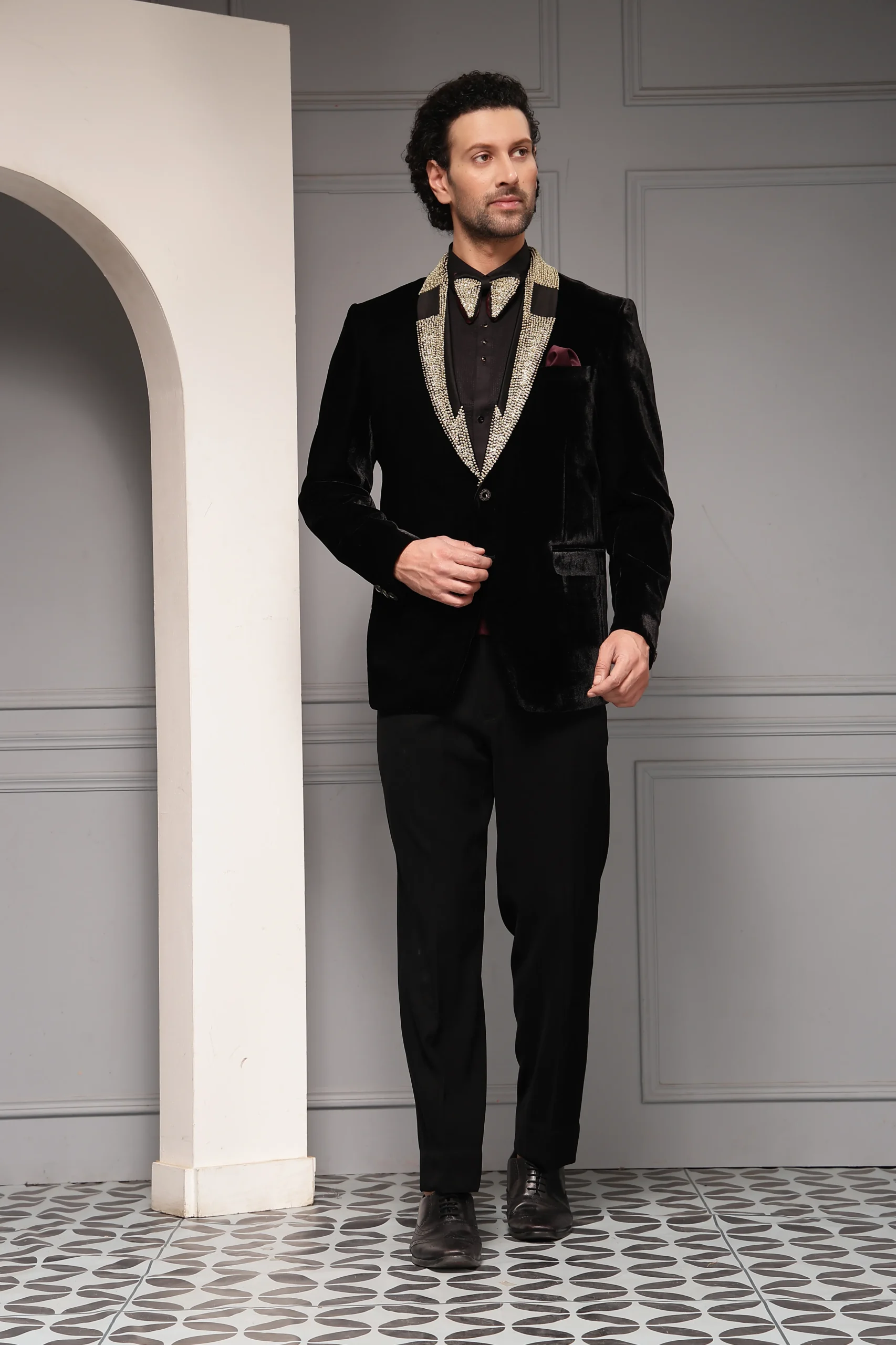 Black velvet tuxedo set with embellished shawl lapel from Golden Muslin By Soniya G