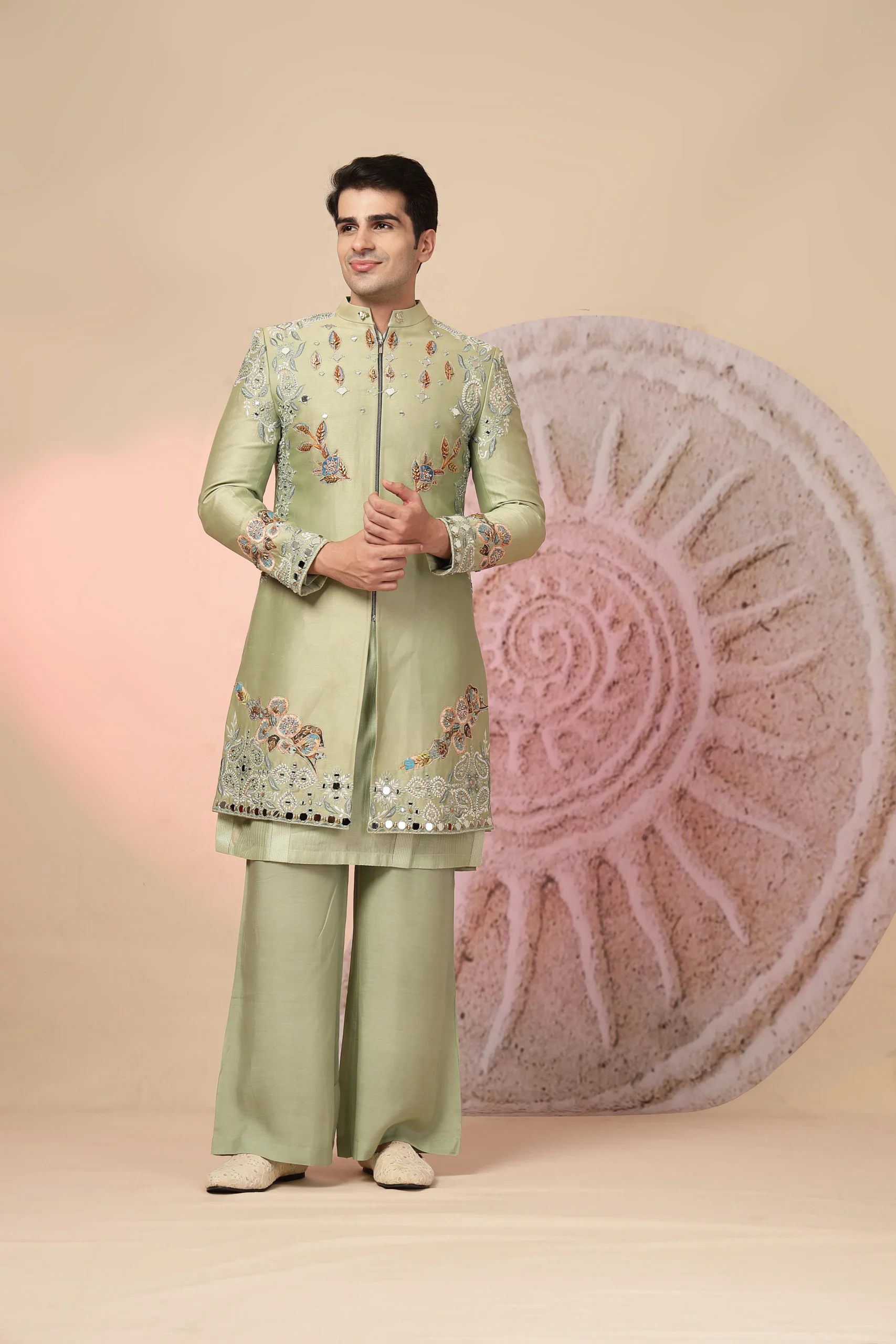 Light Green Indo Western Set with Embroidered Jacket and Palazzo from Golden Muslin By Soniya G featuring mirror work and intricate embroidery