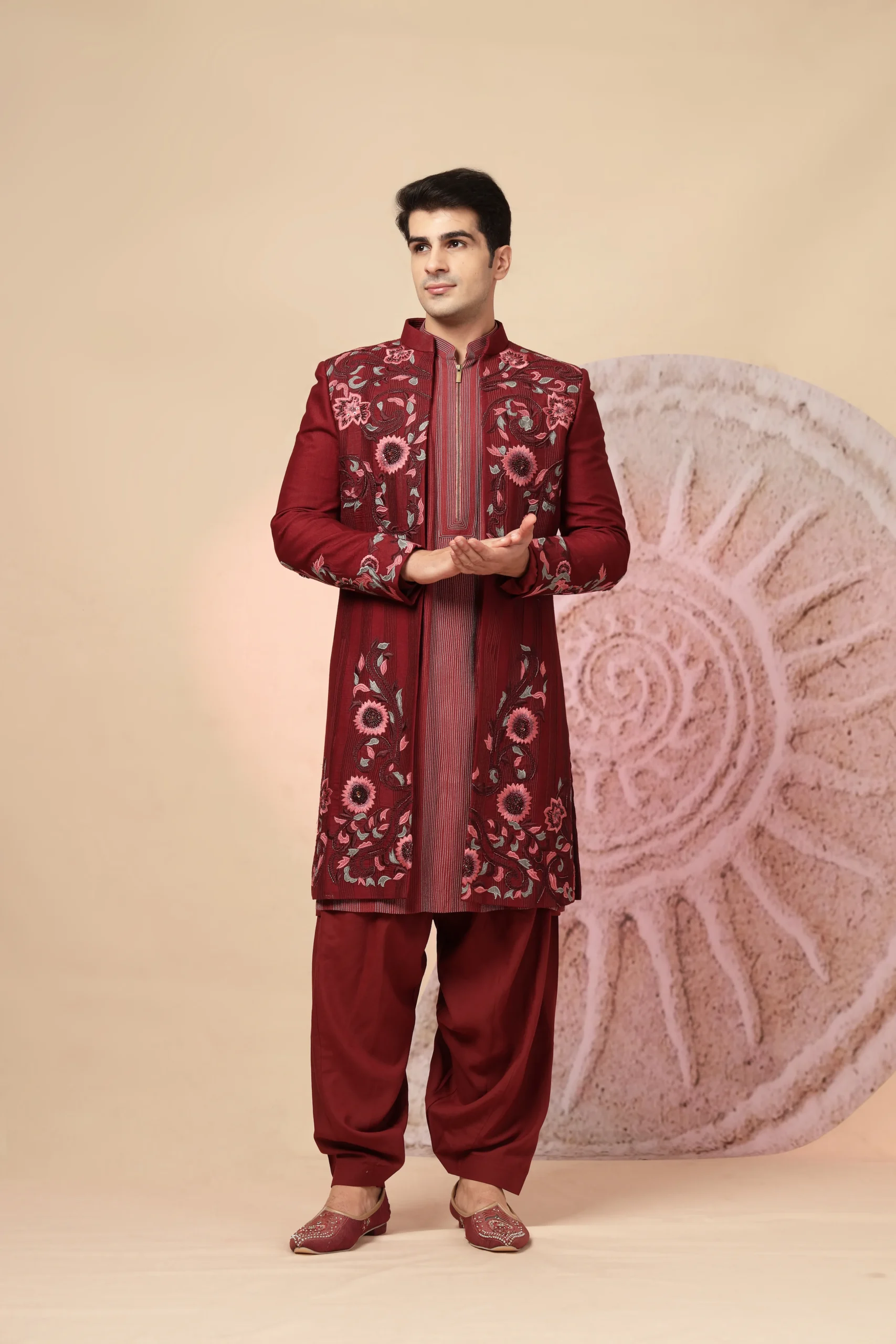 Maroon Embroidered Indo Western Kurta Set from Golden Muslin By Soniya G with floral threadwork and Nehru collar
