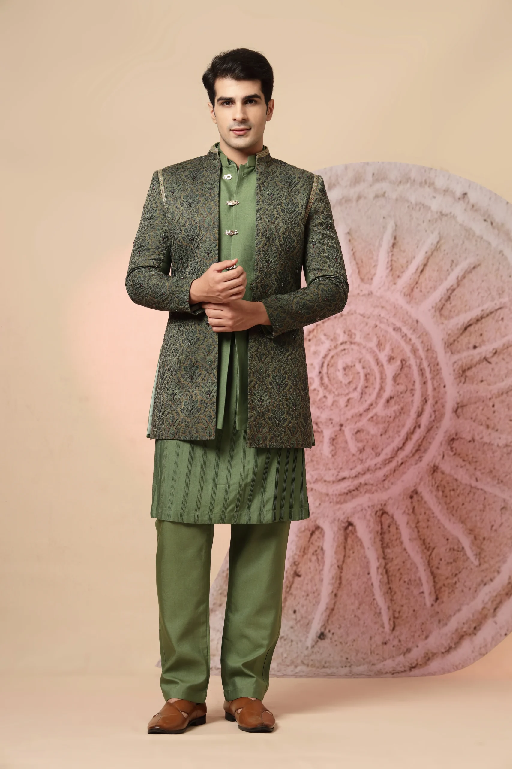 Olive Green Silk Kurta Set with Embroidered Nehru Jacket from Golden Muslin By Soniya G featuring floral buti embroidery and metallic buttons