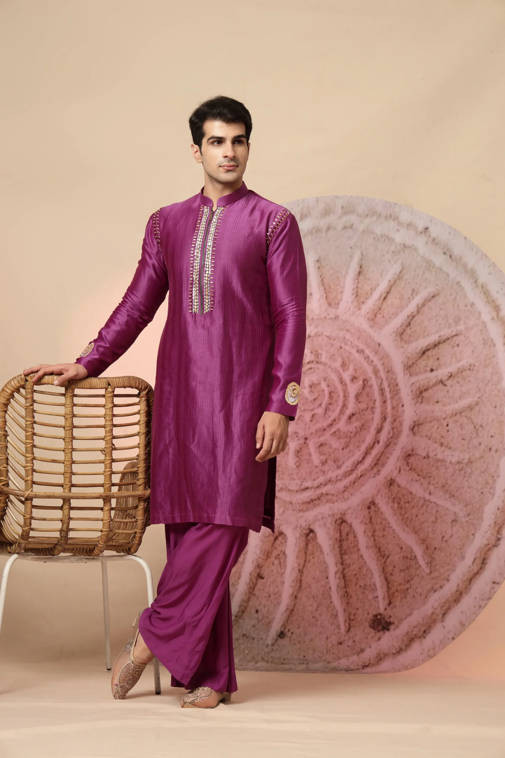 Magenta Silk Blend Kurta Pajama Set with Mirror Work from Golden Muslin By Soniya G featuring mandarin collar and festive detailing