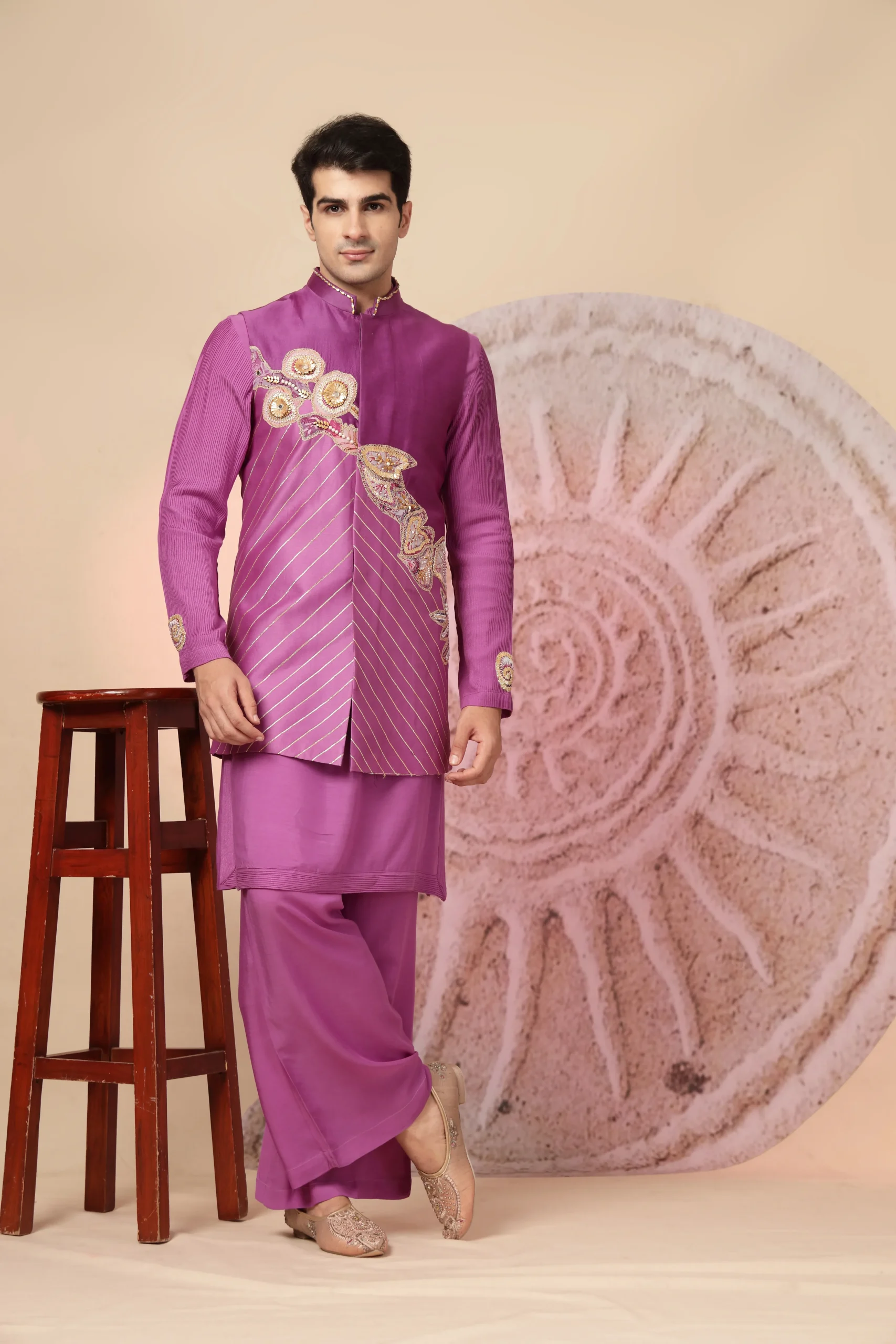 Magenta silk-blend kurta pajama set with asymmetrical embroidered jacket-style overlay from Golden Muslin By Soniya G