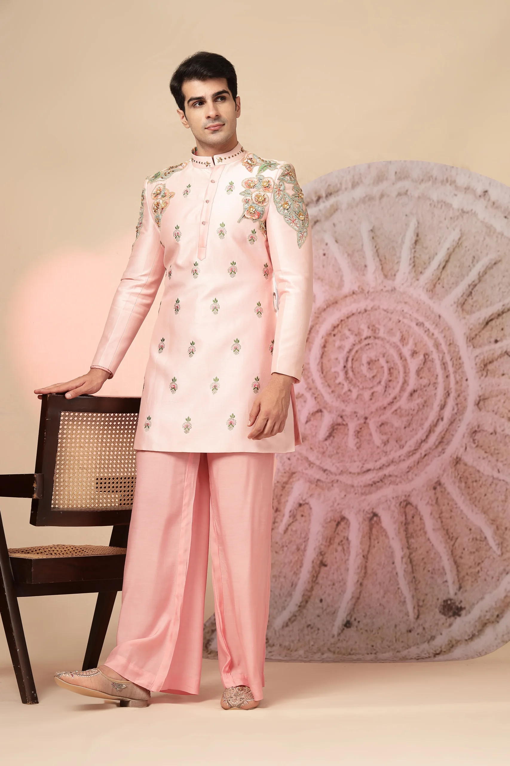 Pastel pink long embroidered kurta with matching palazzo pants from Golden Muslin By Soniya G
