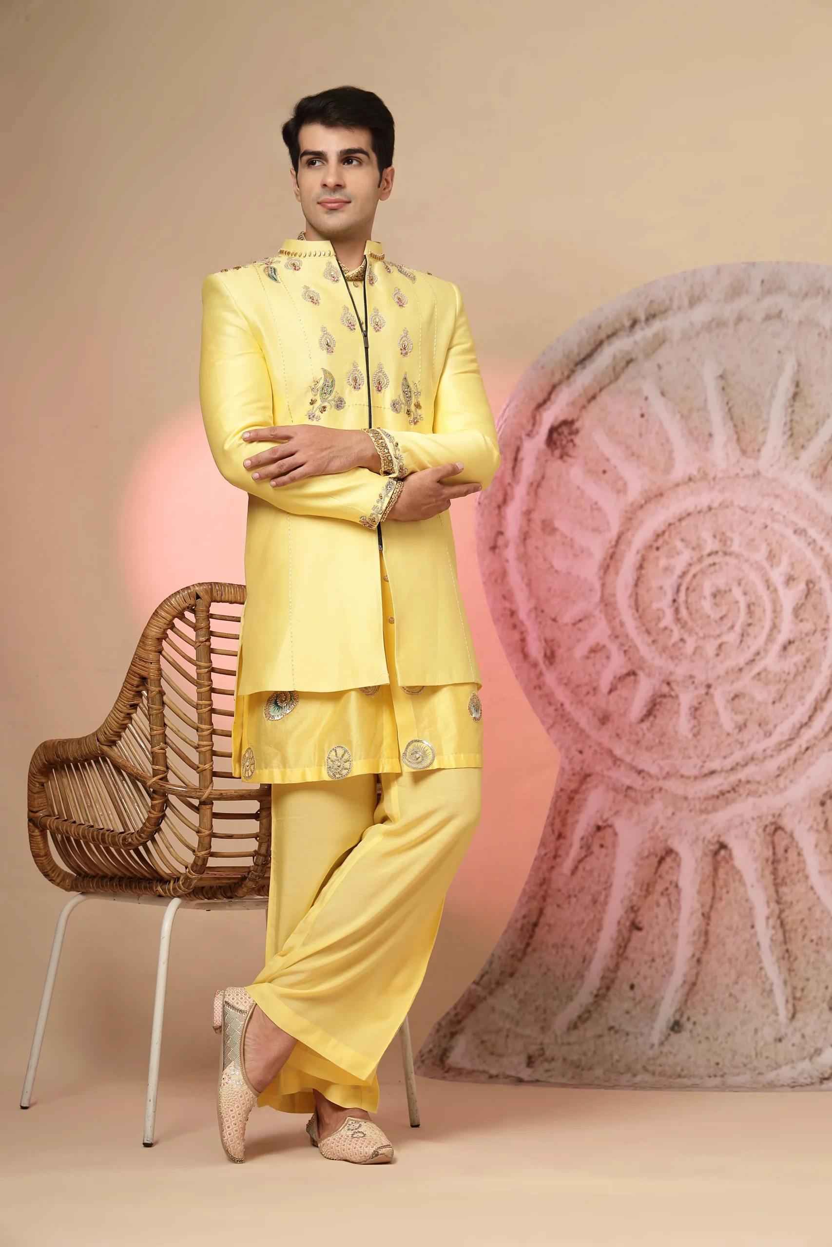 Yellow long kurta with embroidered jacket and matching palazzo pants from Golden Muslin By Soniya G