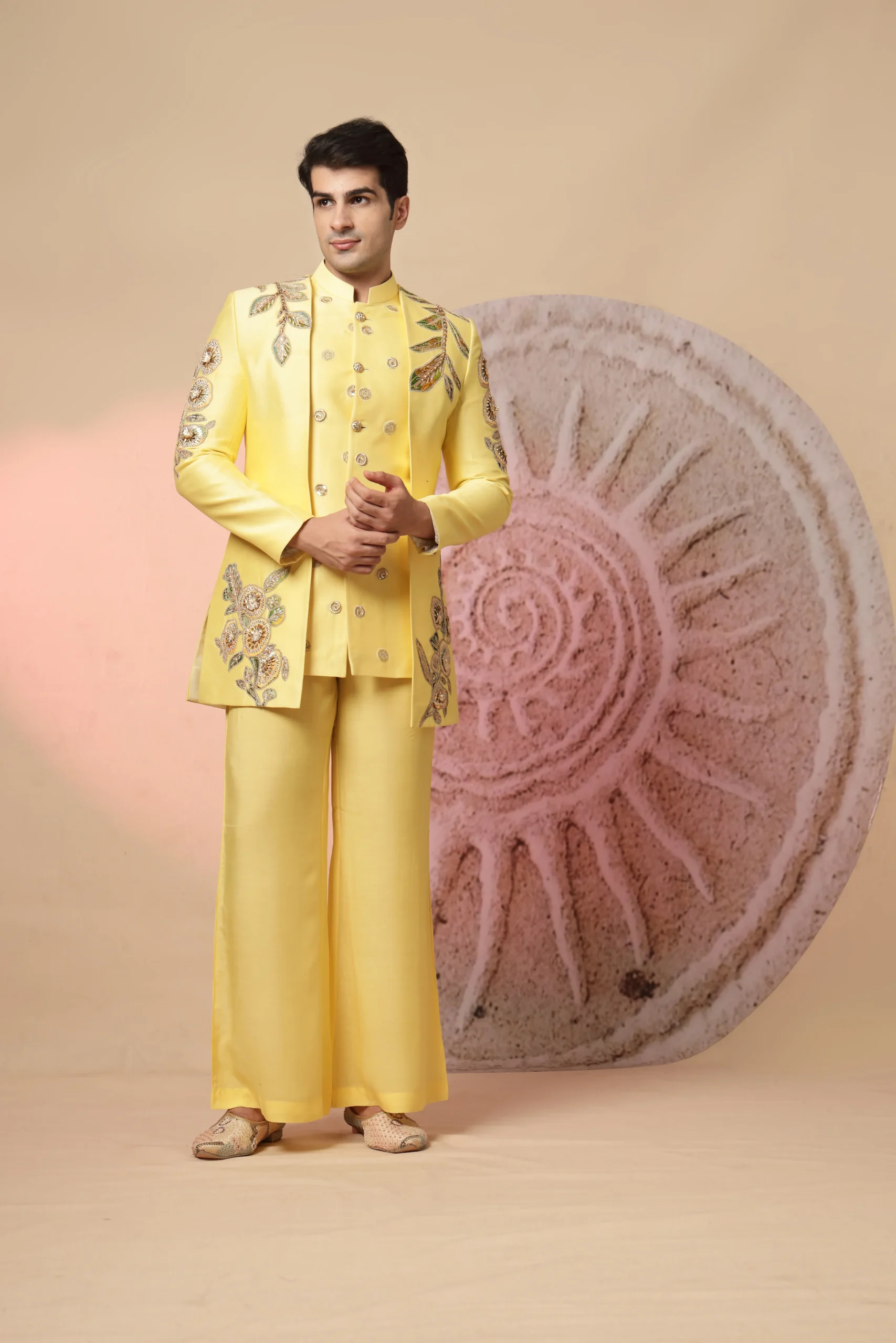 Yellow Indo-Western ensemble with embroidered short jacket and palazzo pants from Golden Muslin By Soniya G