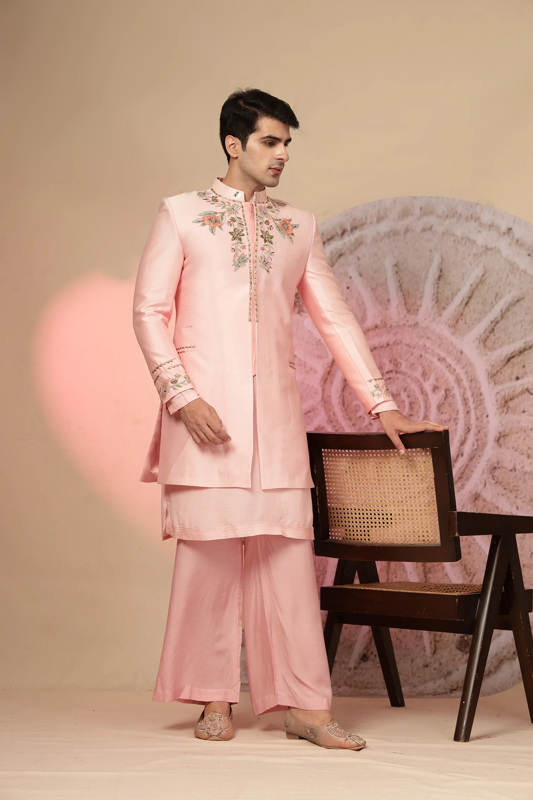 Light pink satin Indo-Western ensemble with embroidered jacket, kurta and pants from Golden Muslin By Soniya G