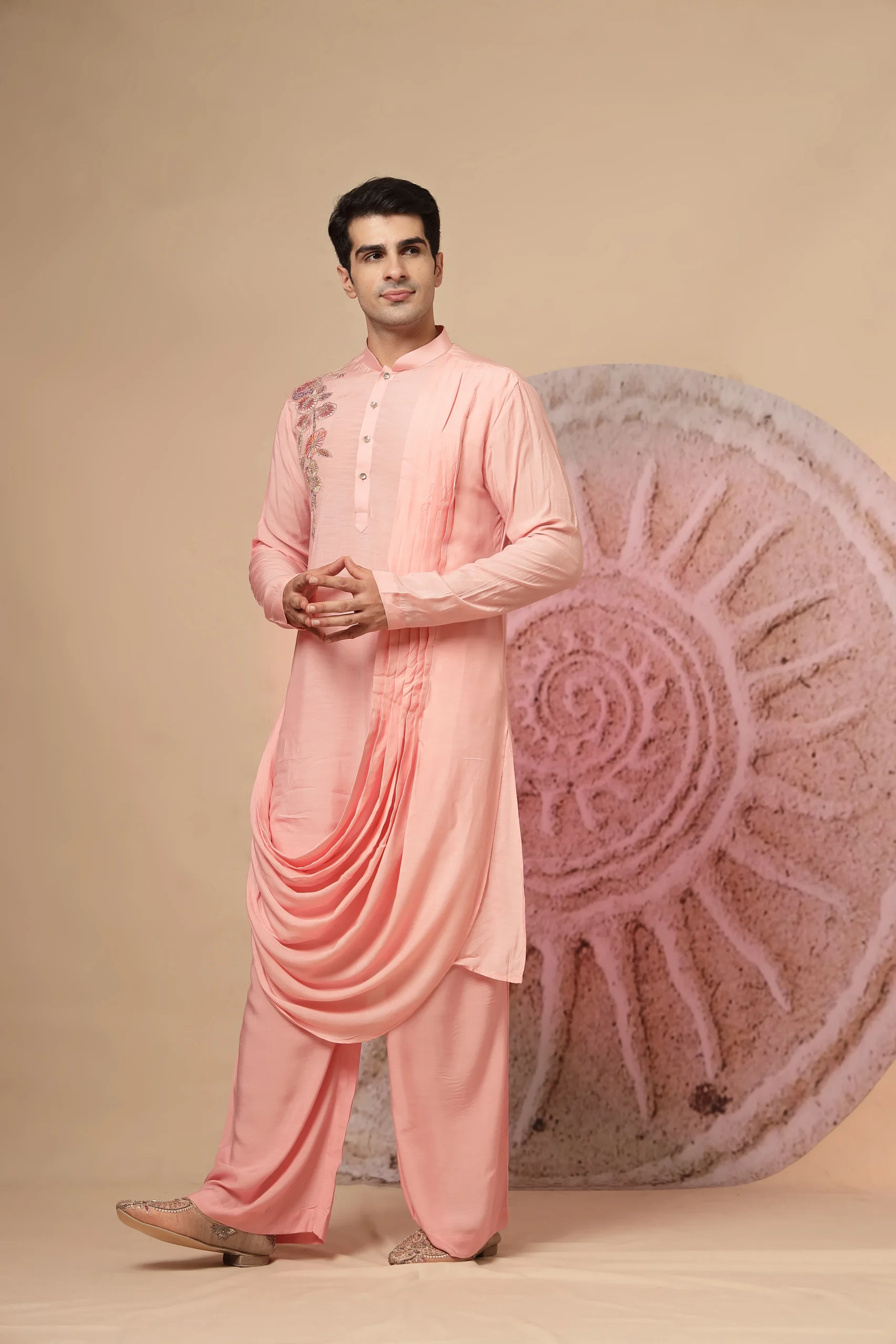 Peach pink cowl-style kurta set with coordinated bottoms from Golden Muslin By Soniya G