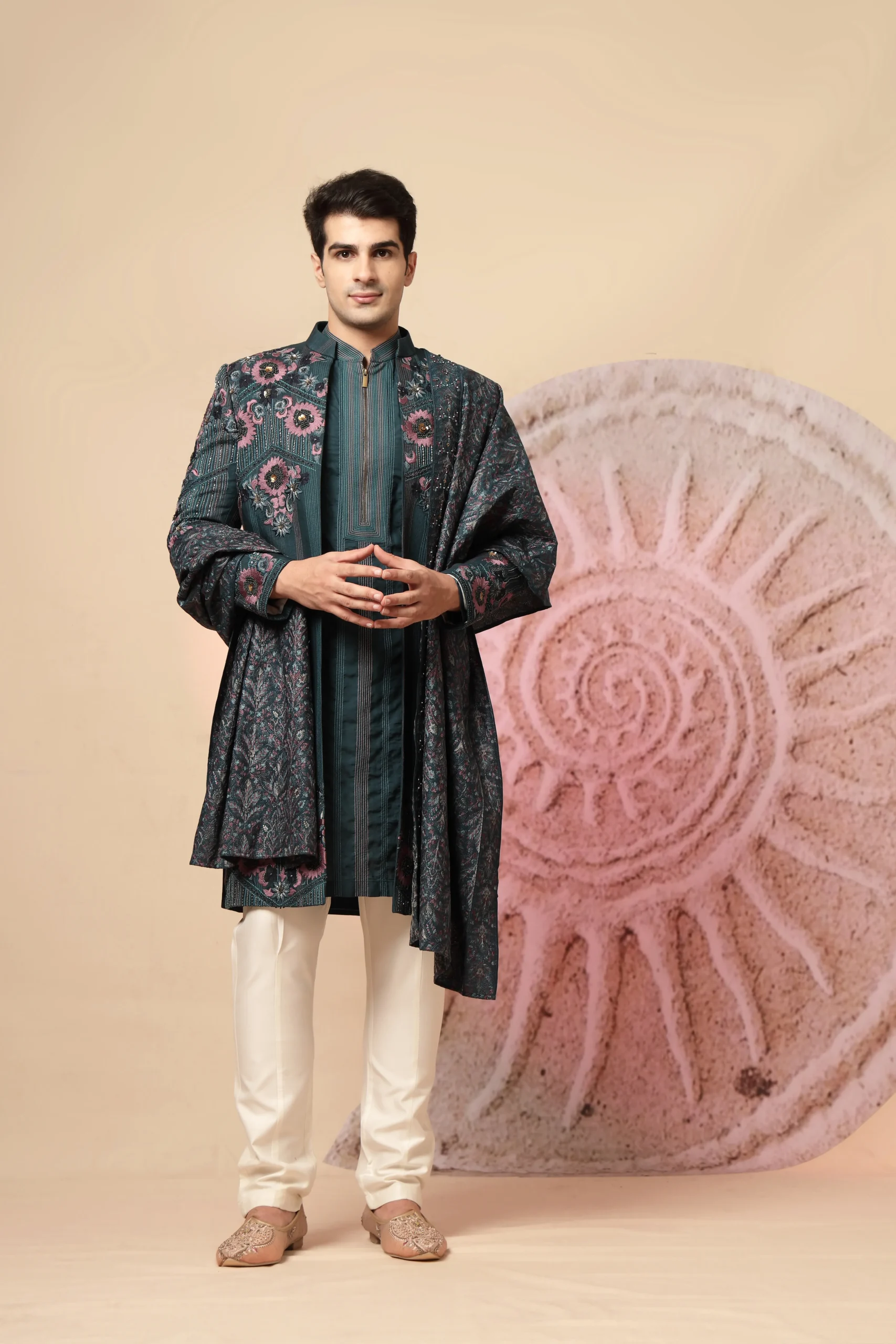 Teal Indo-Western embroidered jacket-style kurta with shawl and ivory trousers from Golden Muslin By Soniya G