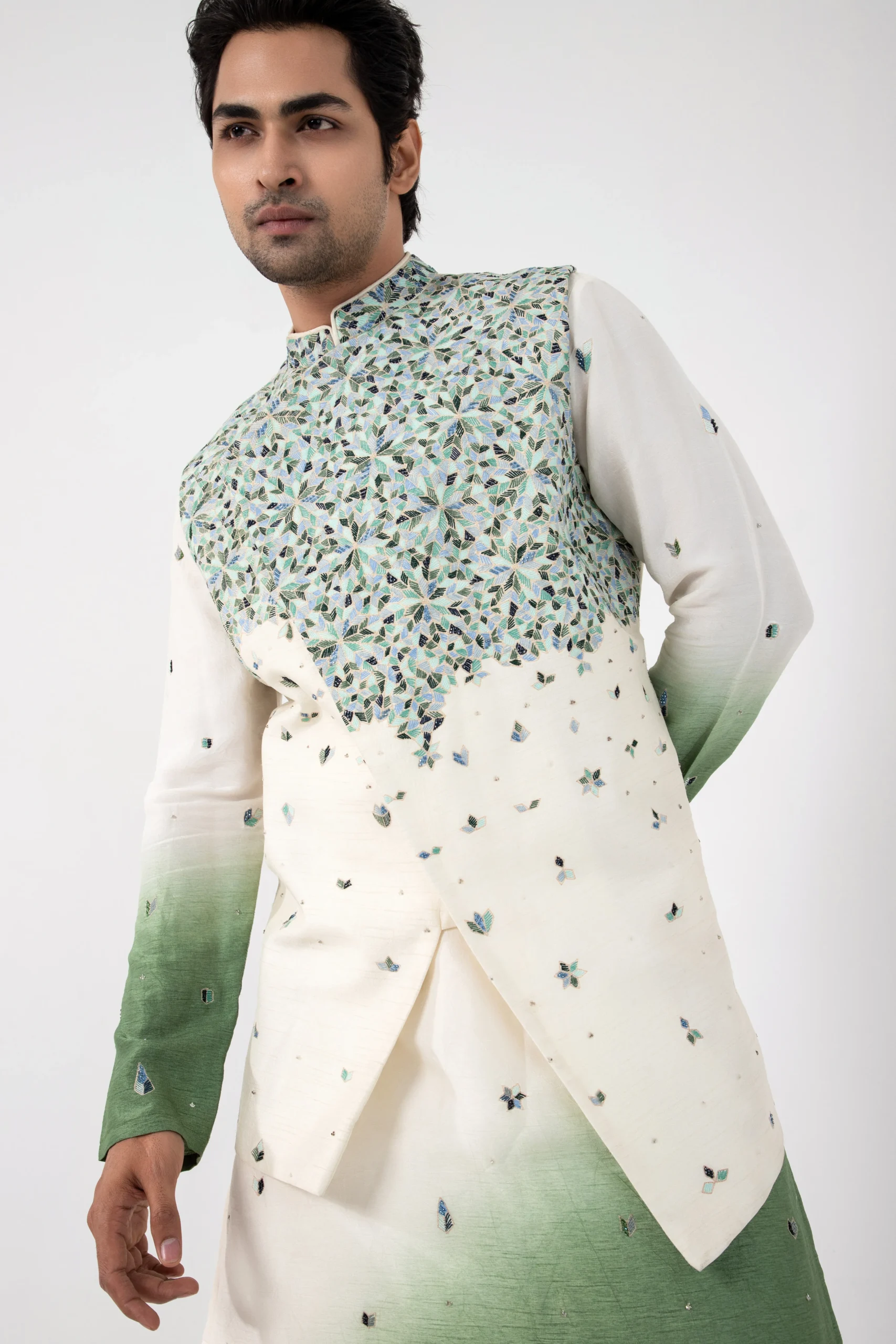 Golden Muslin ivory sage green ombre Nehru jacket with asymmetric hem and floral embroidery