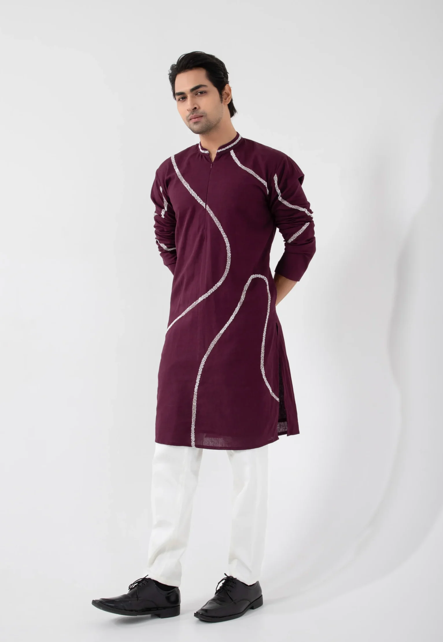 Golden Muslin Wine Khadi Mulmul Kurta Set with white wavy embroidery and cotton trousers