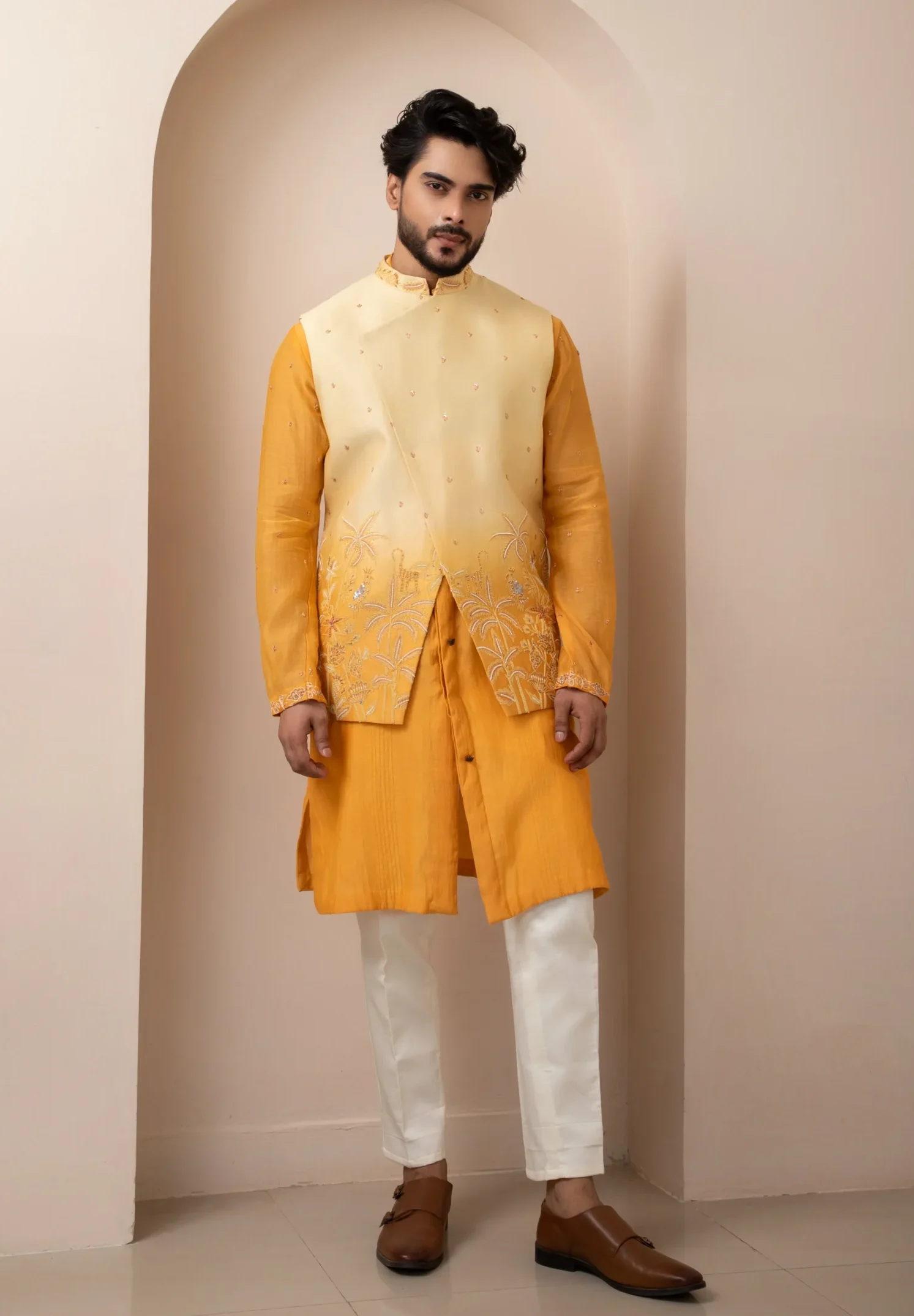 Golden Muslin Mustard & Cream Chanderi Nehru Jacket and Kurta Set with Ombre Embroidery For Men