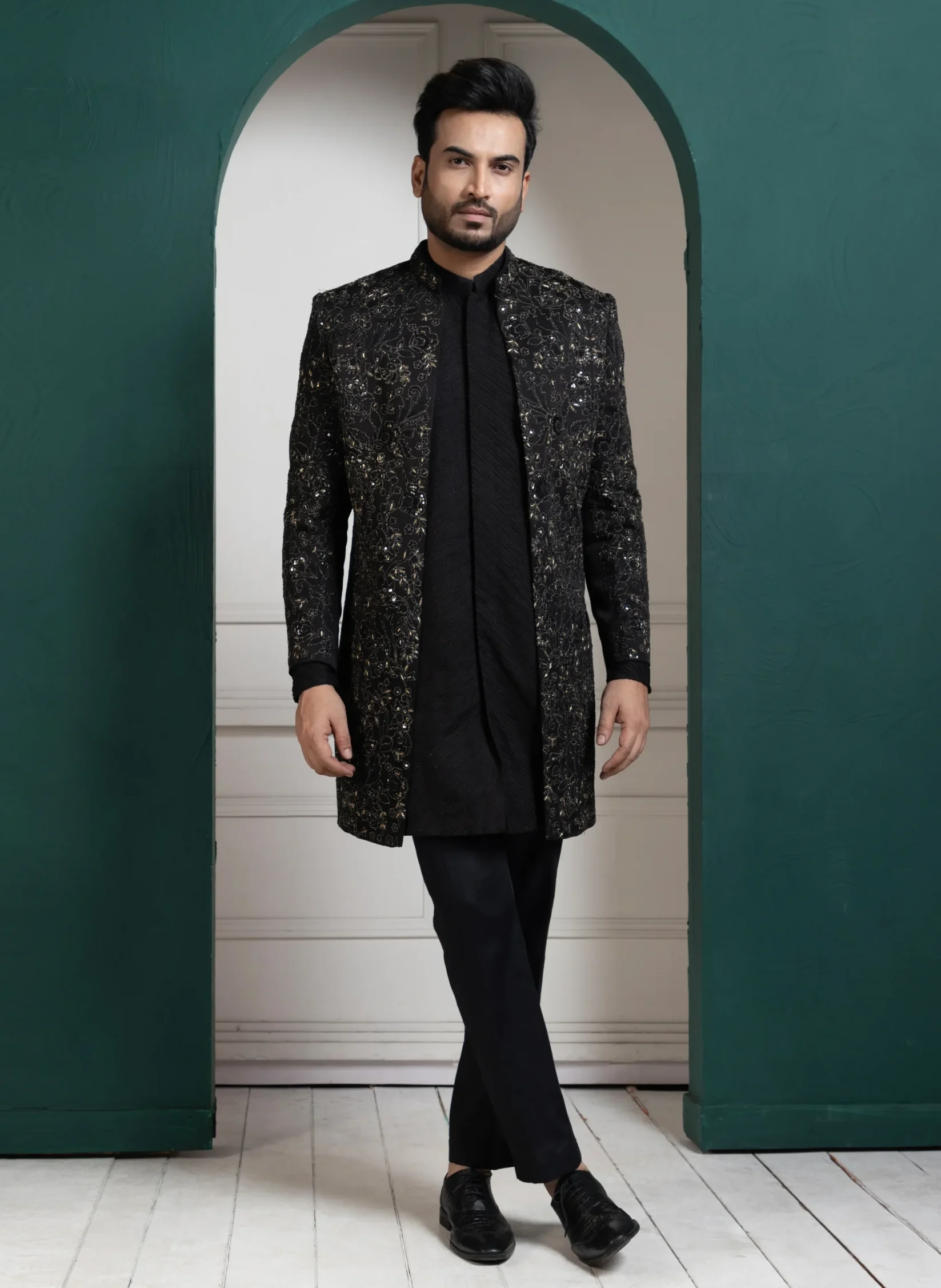 Golden Muslin midnight black Achkan with intricate all-over golden threadwork embroidery
