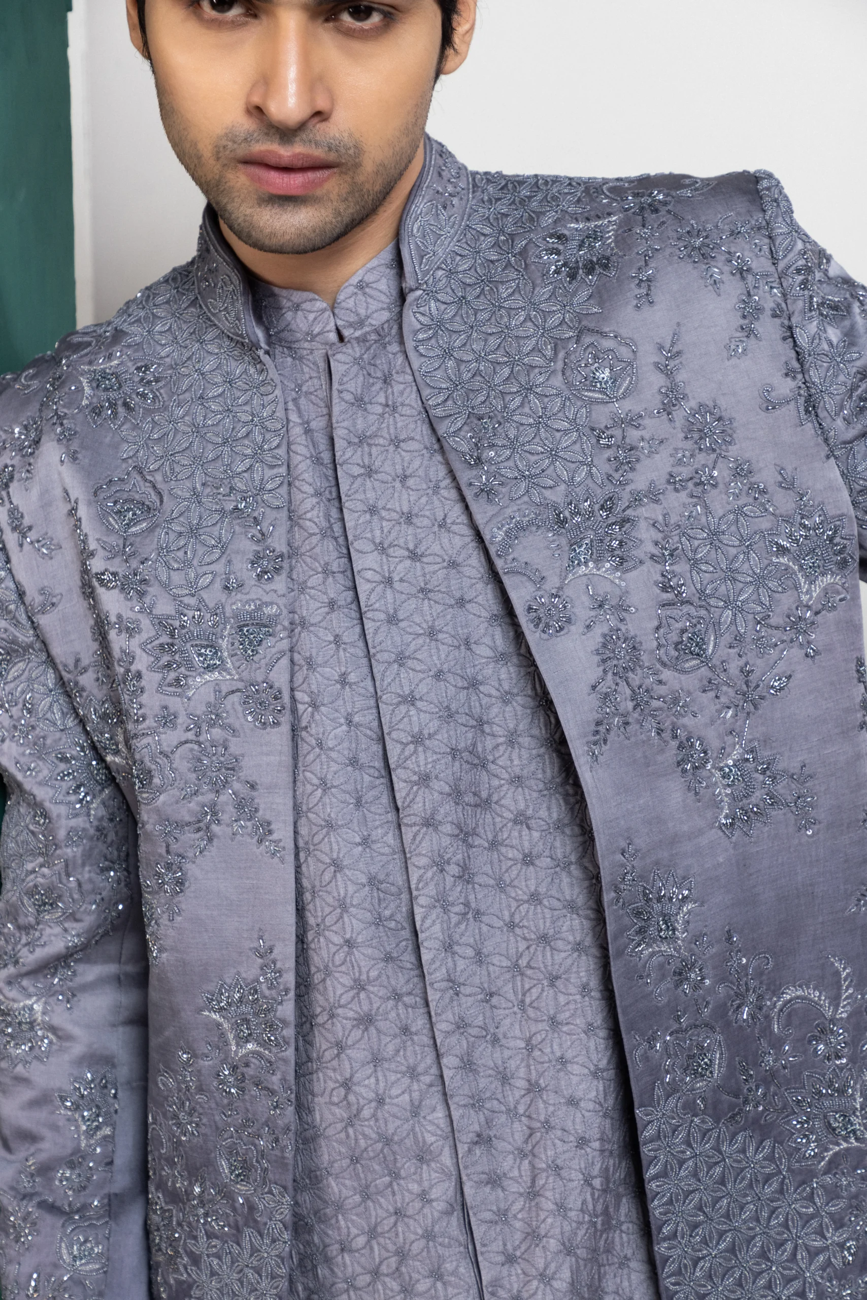 Golden Muslin steel grey embroidered Indo-Western sherwani with tonal floral detailing