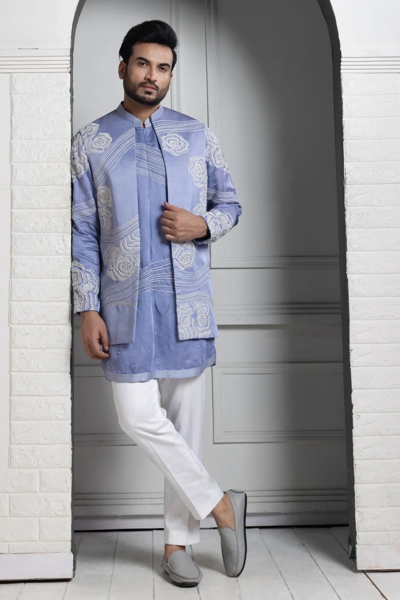 Golden Muslin Pastel Blue Floral Embroidered Nehru Jacket and Kurta Set with wave detailing