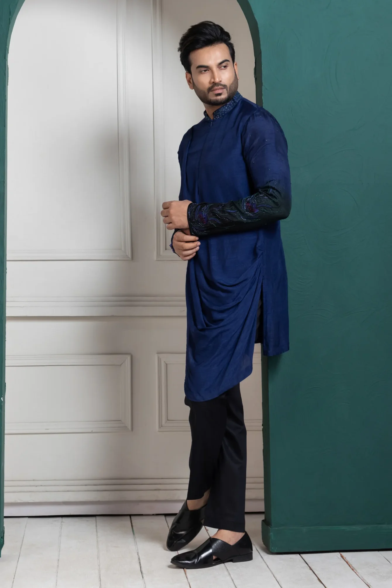 Golden Muslin Royal Midnight Blue Kurta Set with floral and vine embroidery and band collar