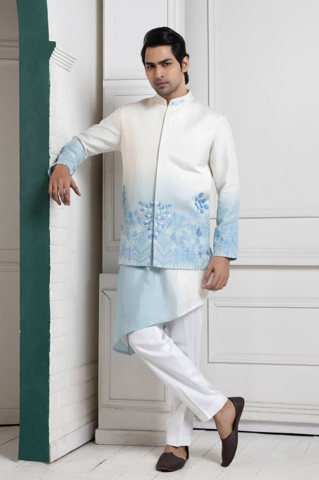 Golden Muslin ivory to sky blue ombre embroidered Nehru set with asymmetric layered kurta and white trousers