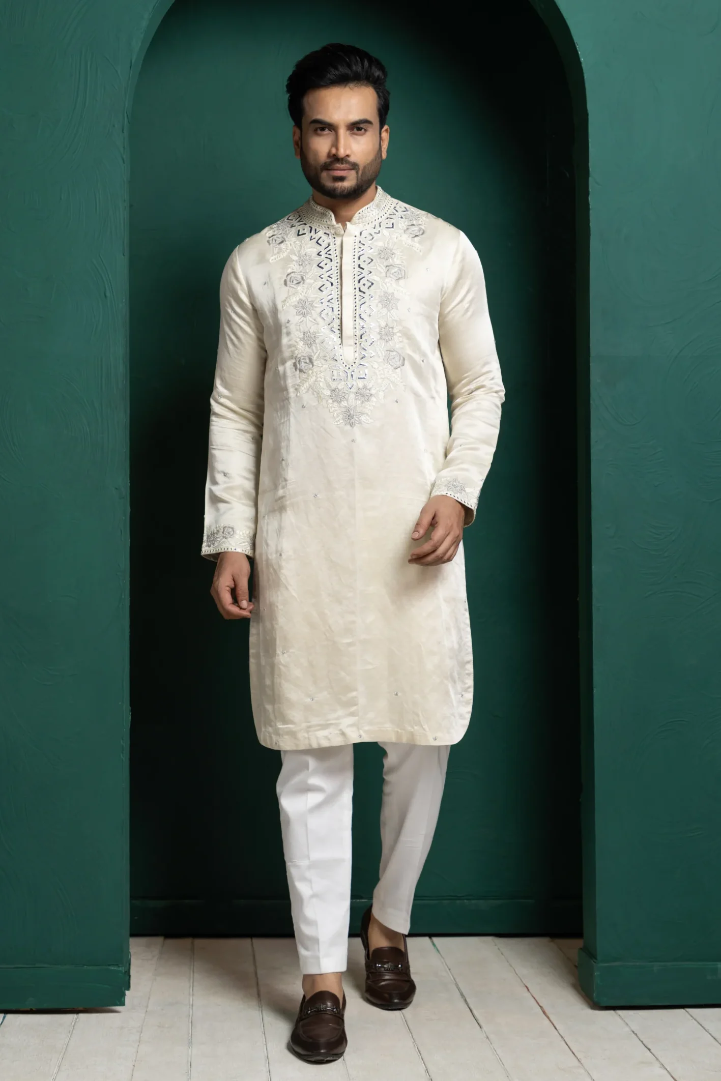 Golden Muslin Ivory Embroidered Kurta Set with intricate floral and geometric detailing