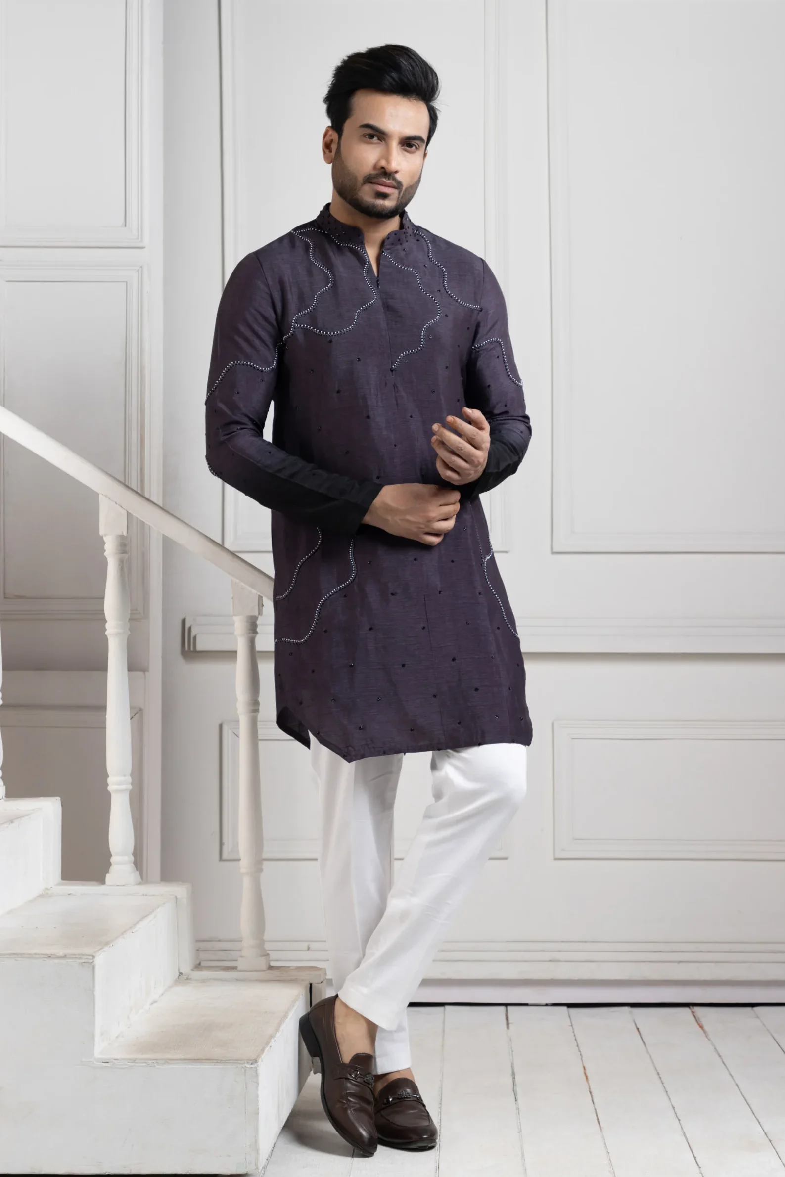 Golden Muslin Dark Purple Embroidered Asymmetric Kurta Set with hand-stitched detailing